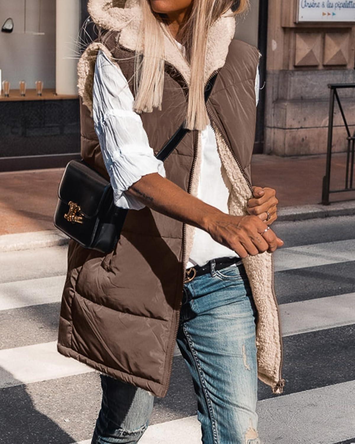 imageBTFBM Long Puffer Vest Women Fleece Sherpa Jacket Sleeveless Hooded Reversible Zip Up Winter Coat Fall Vests OuterwearCoffee