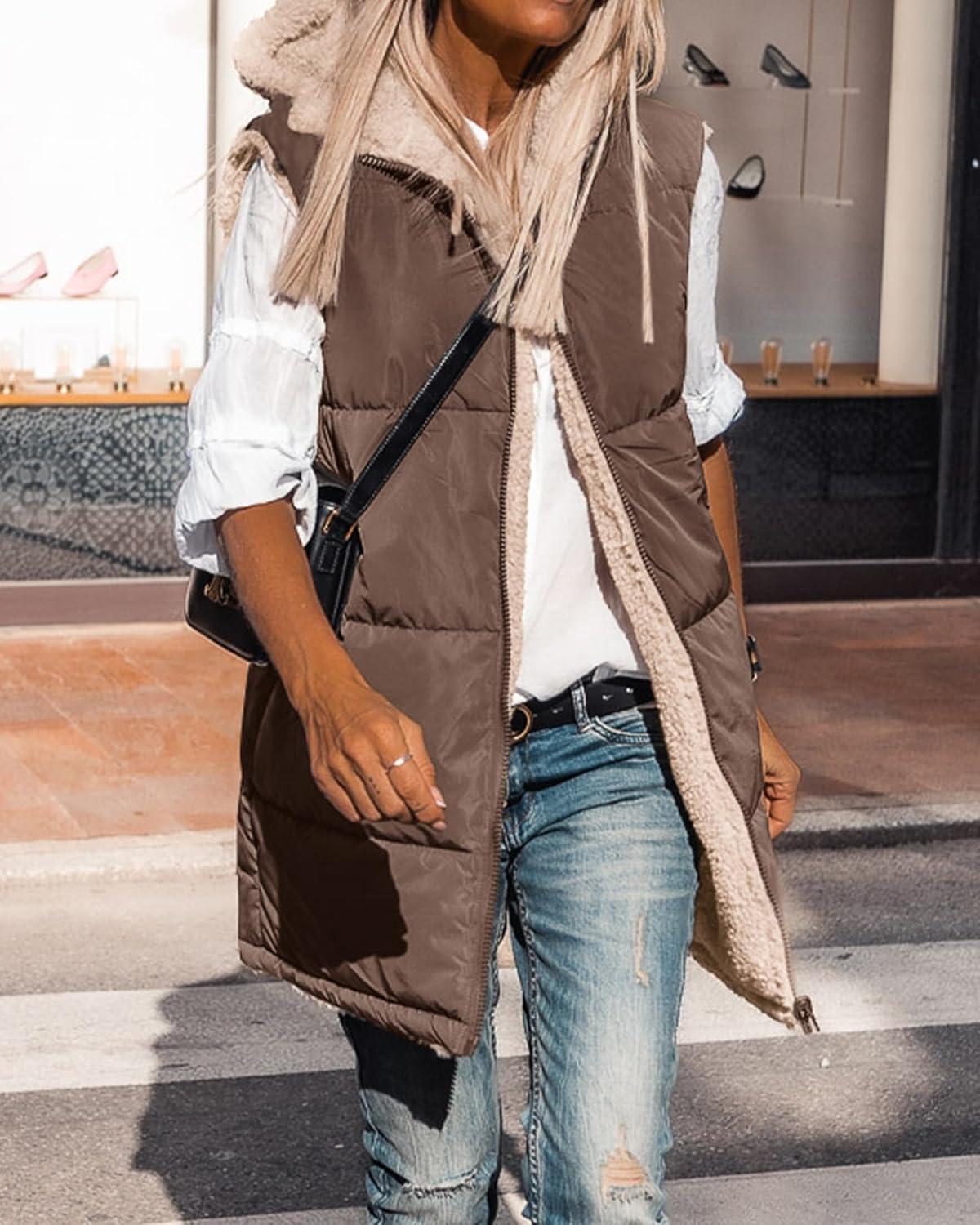 imageBTFBM Long Puffer Vest Women Fleece Sherpa Jacket Sleeveless Hooded Reversible Zip Up Winter Coat Fall Vests OuterwearCoffee