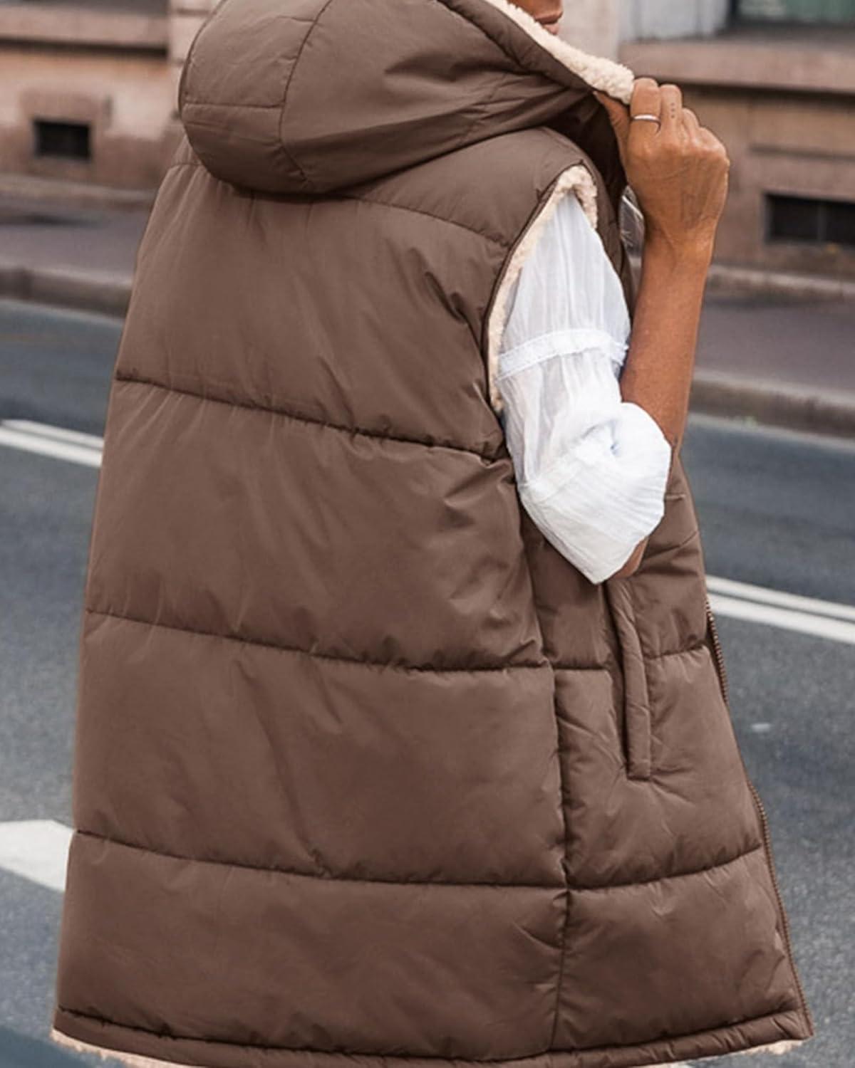 imageBTFBM Long Puffer Vest Women Fleece Sherpa Jacket Sleeveless Hooded Reversible Zip Up Winter Coat Fall Vests OuterwearCoffee