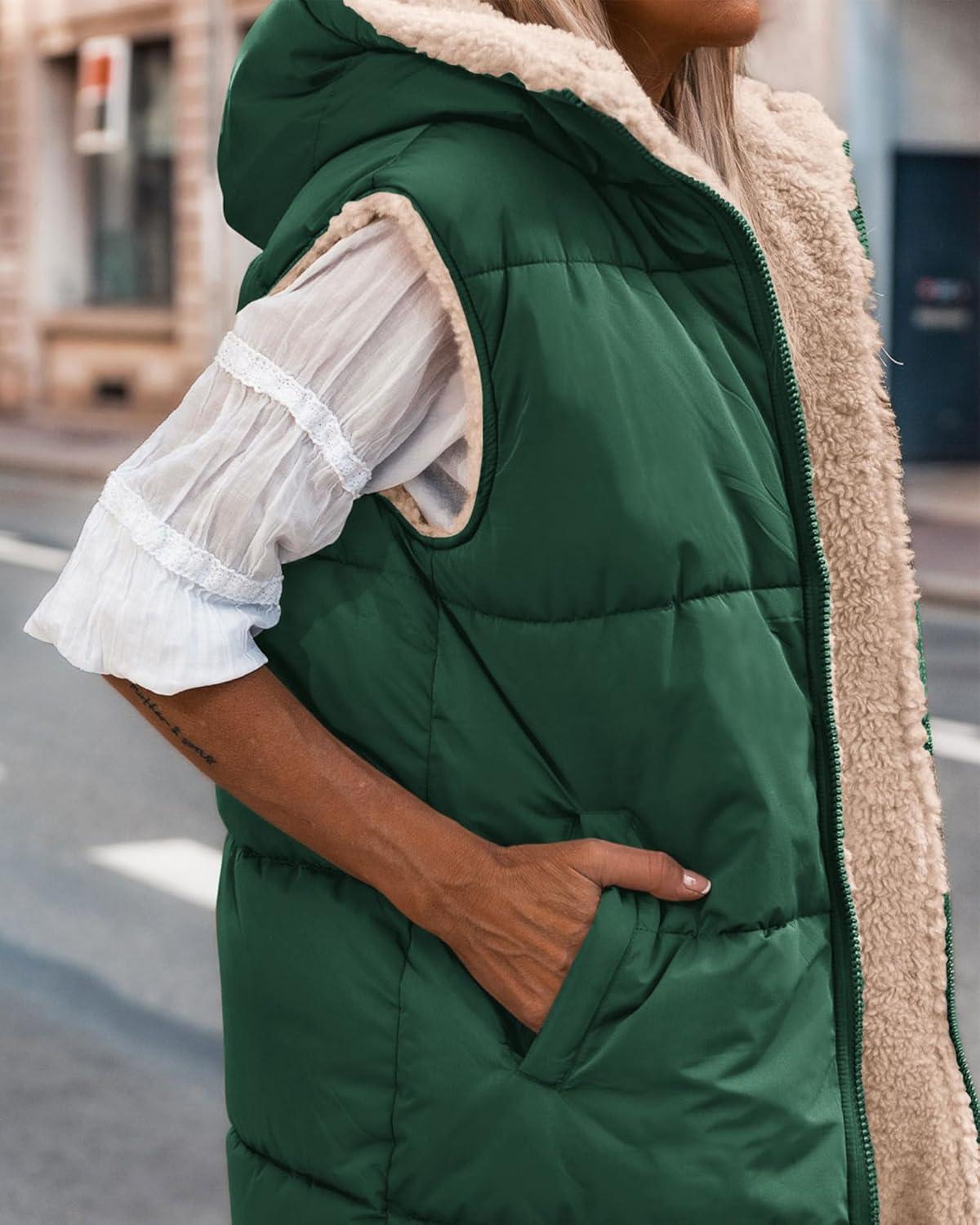 imageBTFBM Long Puffer Vest Women Fleece Sherpa Jacket Sleeveless Hooded Reversible Zip Up Winter Coat Fall Vests OuterwearDark Green