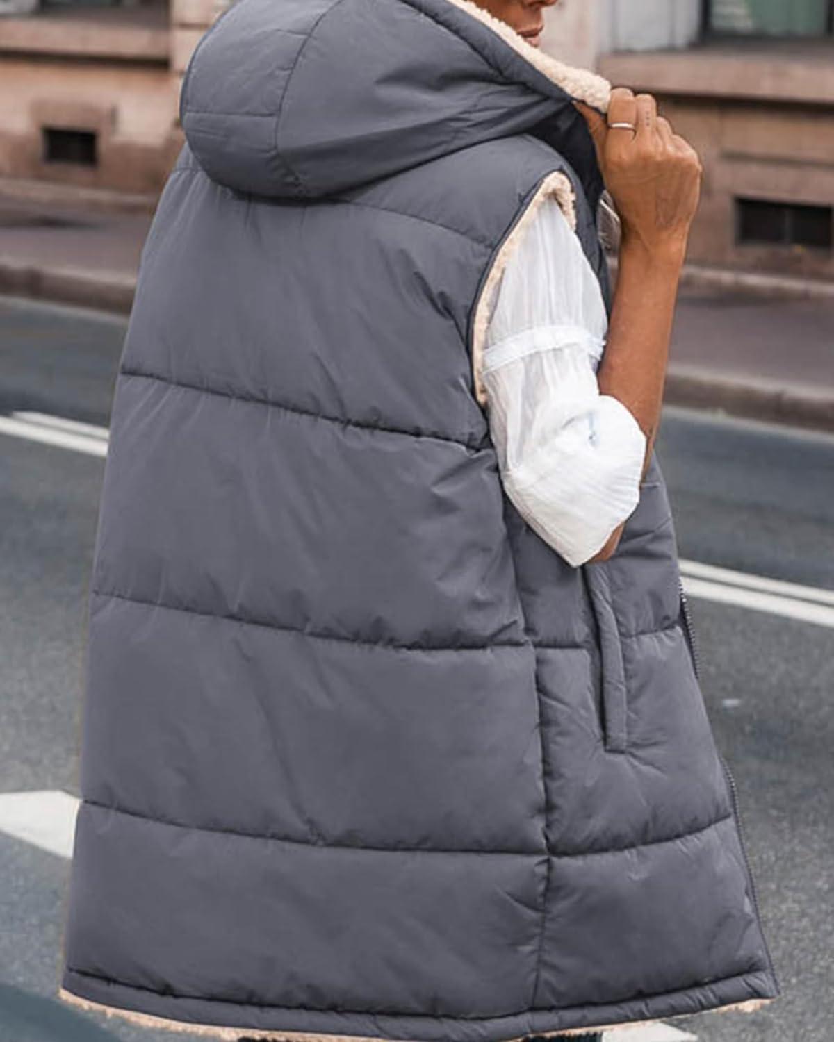 imageBTFBM Long Puffer Vest Women Fleece Sherpa Jacket Sleeveless Hooded Reversible Zip Up Winter Coat Fall Vests OuterwearGrey Blue