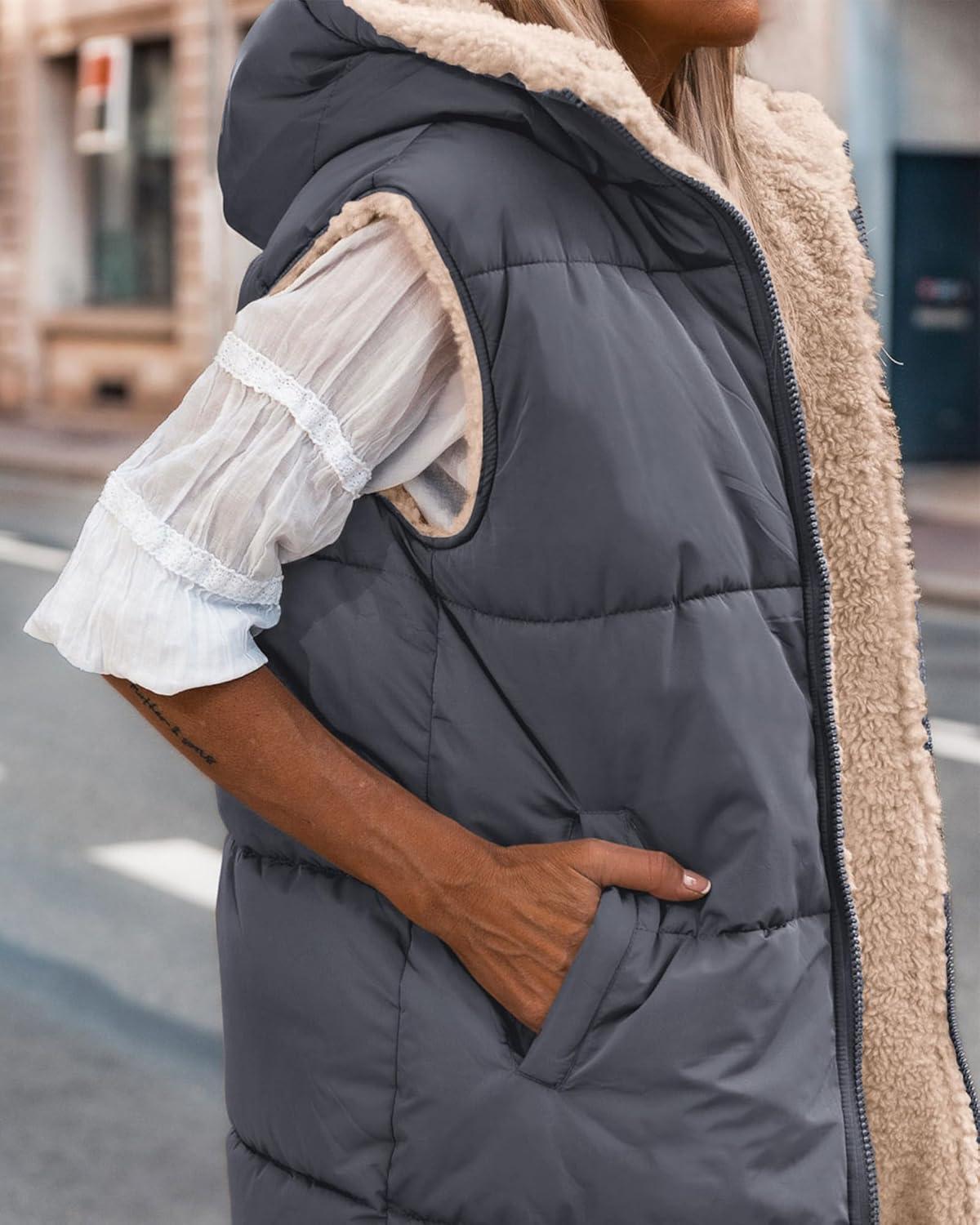 imageBTFBM Long Puffer Vest Women Fleece Sherpa Jacket Sleeveless Hooded Reversible Zip Up Winter Coat Fall Vests OuterwearGrey Blue