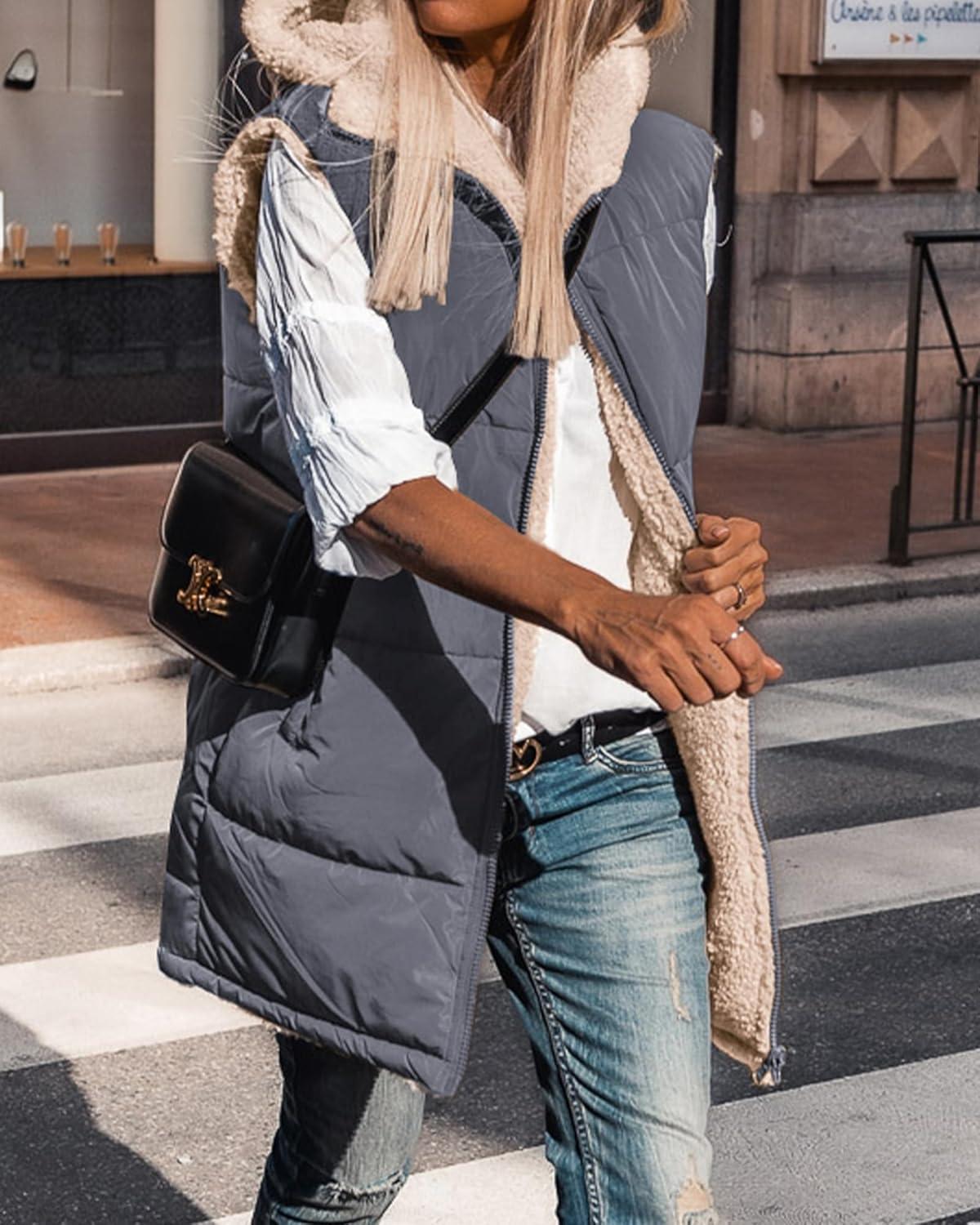 imageBTFBM Long Puffer Vest Women Fleece Sherpa Jacket Sleeveless Hooded Reversible Zip Up Winter Coat Fall Vests OuterwearGrey Blue
