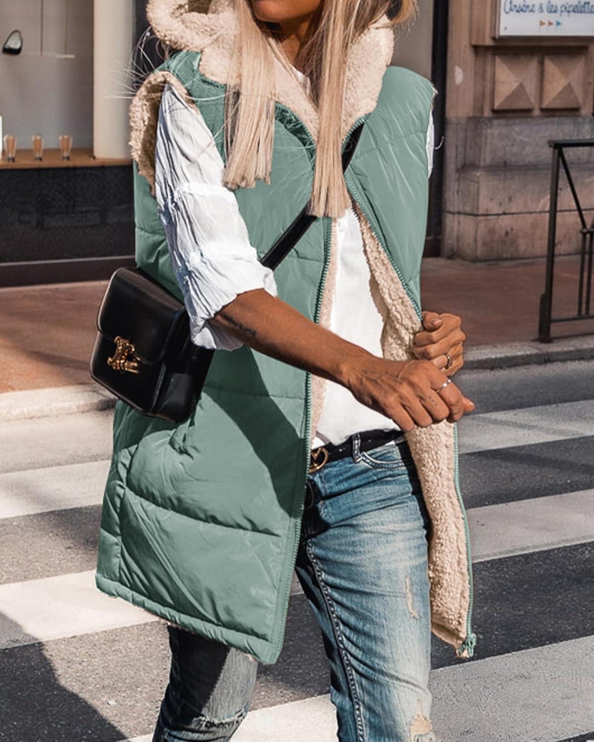 imageBTFBM Long Puffer Vest Women Fleece Sherpa Jacket Sleeveless Hooded Reversible Zip Up Winter Coat Fall Vests OuterwearGrey Green