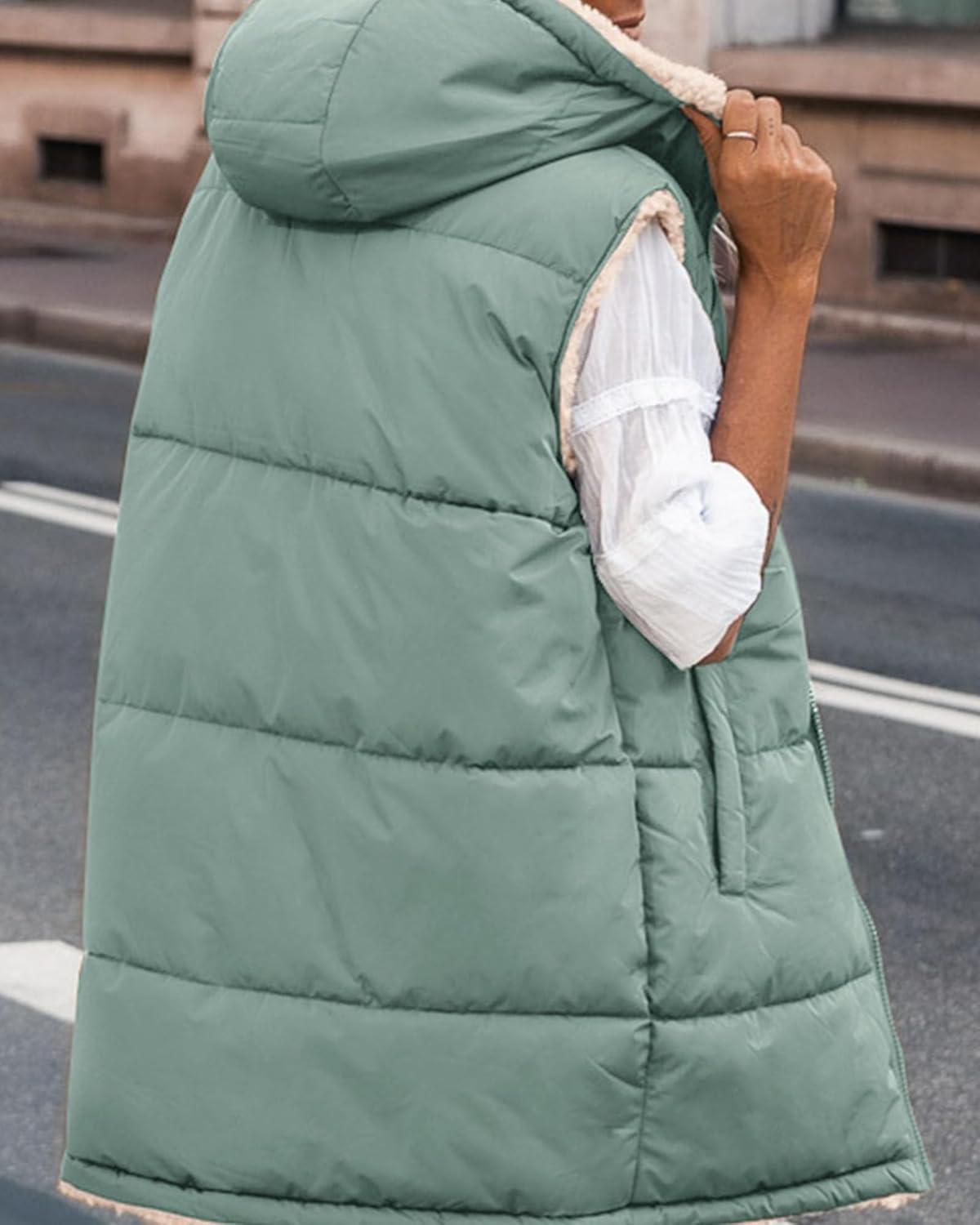 imageBTFBM Long Puffer Vest Women Fleece Sherpa Jacket Sleeveless Hooded Reversible Zip Up Winter Coat Fall Vests OuterwearGrey Green
