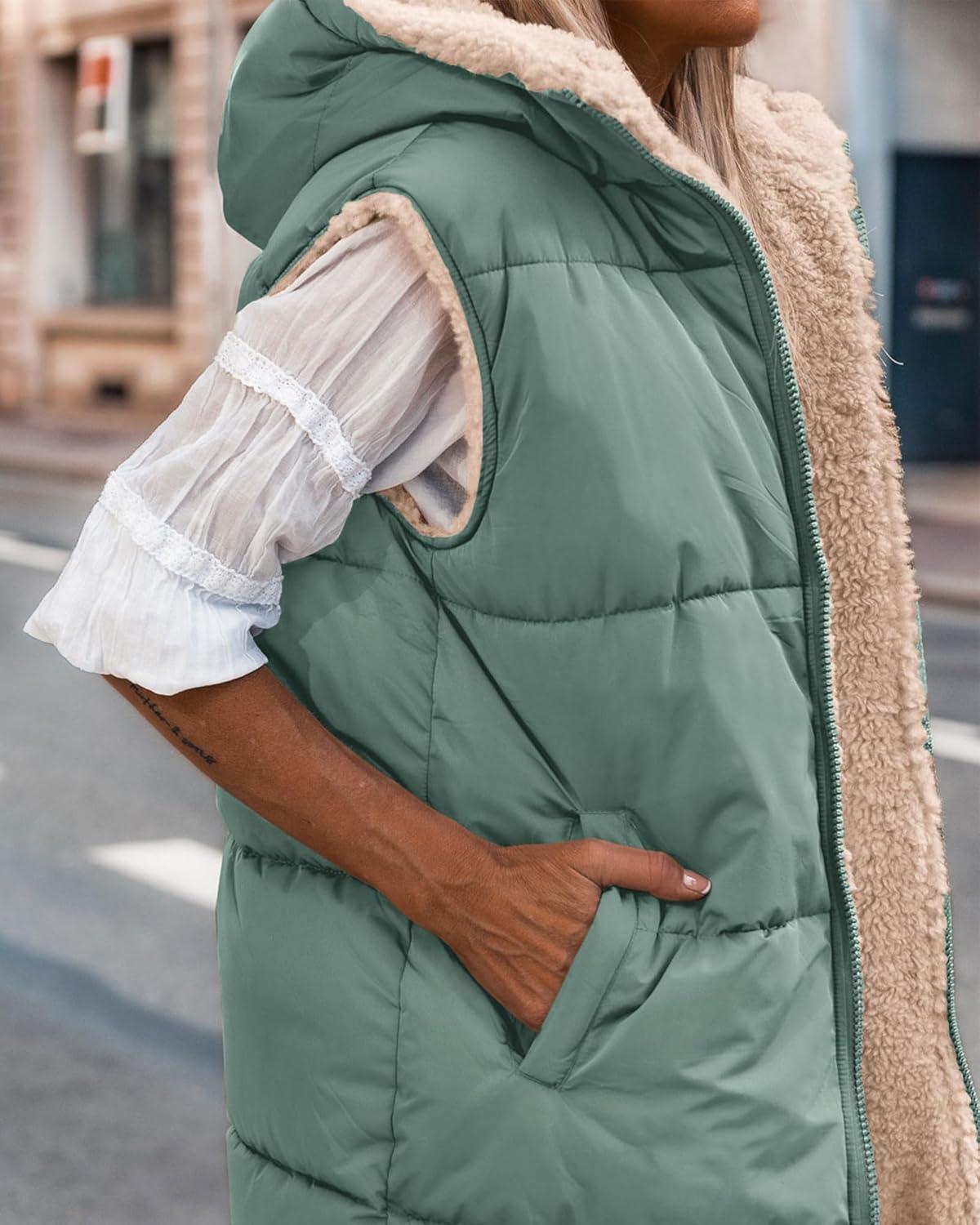 imageBTFBM Long Puffer Vest Women Fleece Sherpa Jacket Sleeveless Hooded Reversible Zip Up Winter Coat Fall Vests OuterwearGrey Green