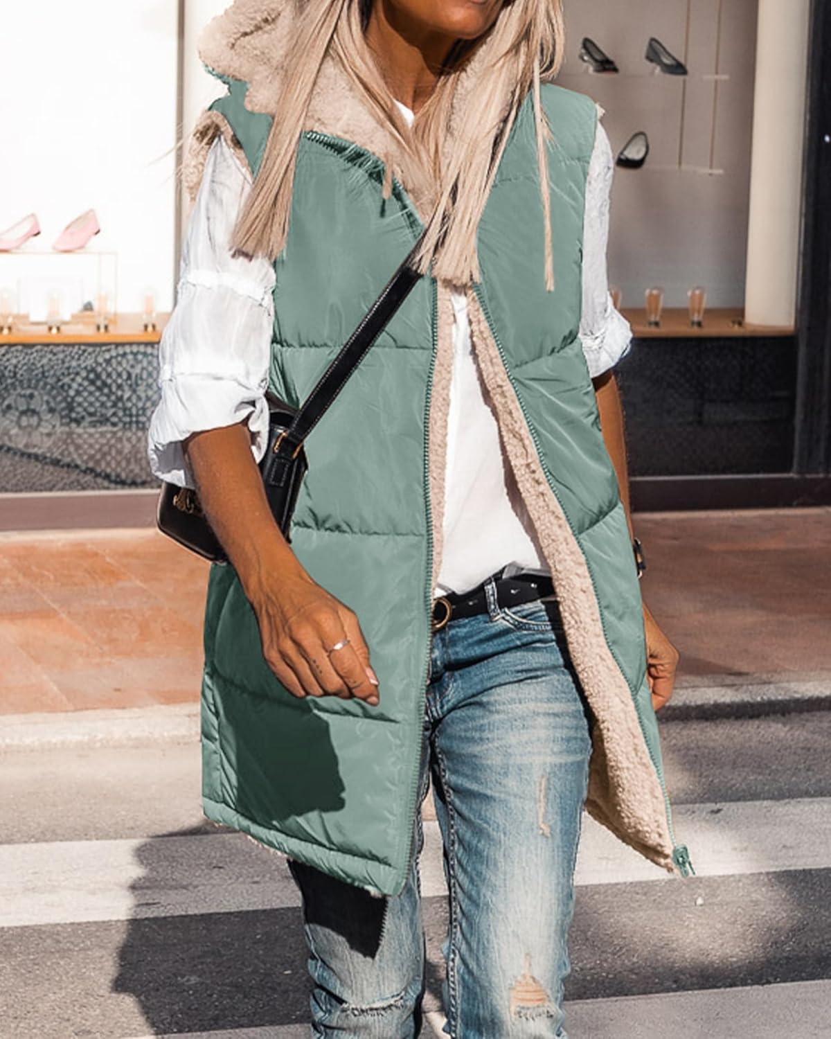 imageBTFBM Long Puffer Vest Women Fleece Sherpa Jacket Sleeveless Hooded Reversible Zip Up Winter Coat Fall Vests OuterwearGrey Green
