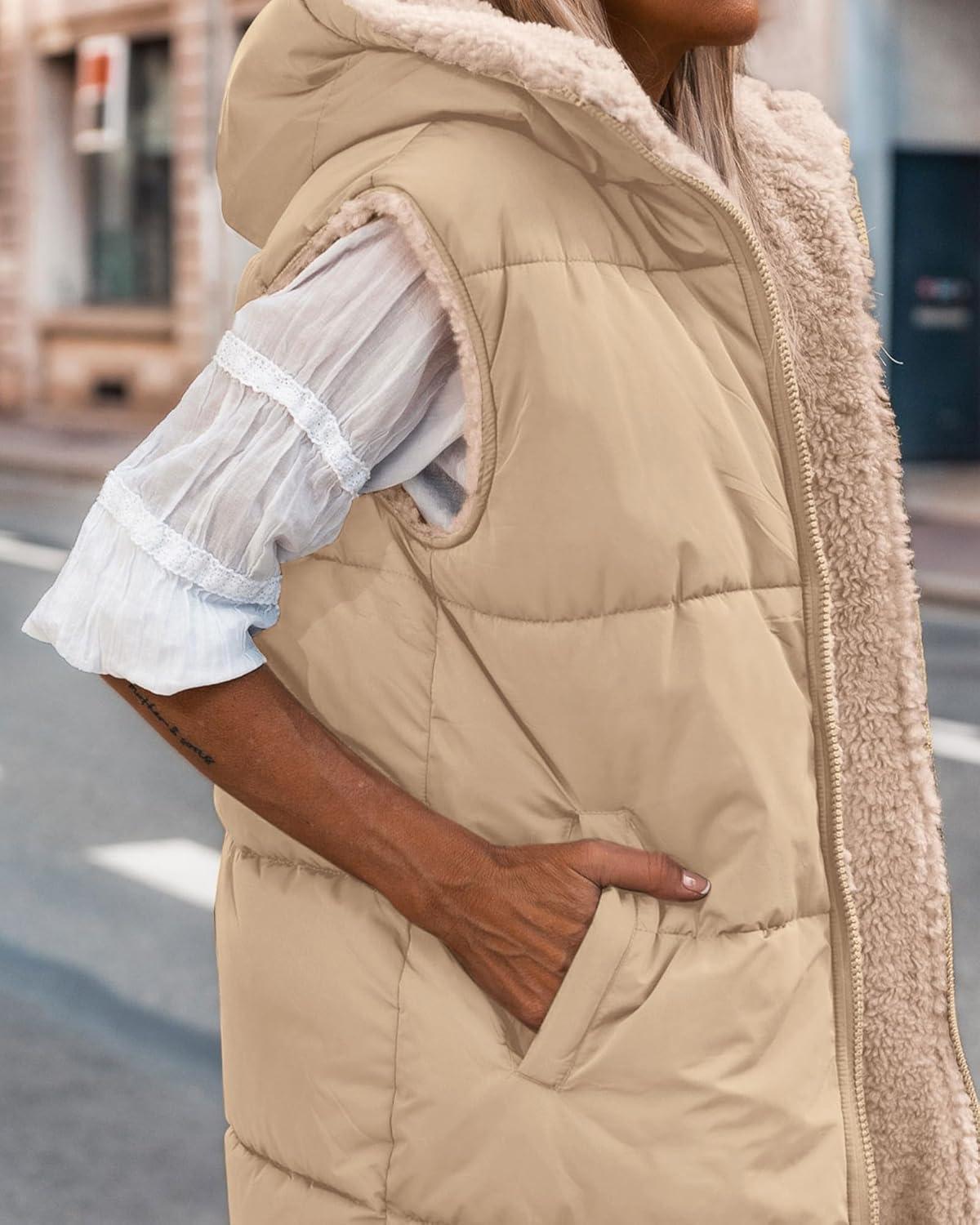 imageBTFBM Long Puffer Vest Women Fleece Sherpa Jacket Sleeveless Hooded Reversible Zip Up Winter Coat Fall Vests OuterwearLight Camel