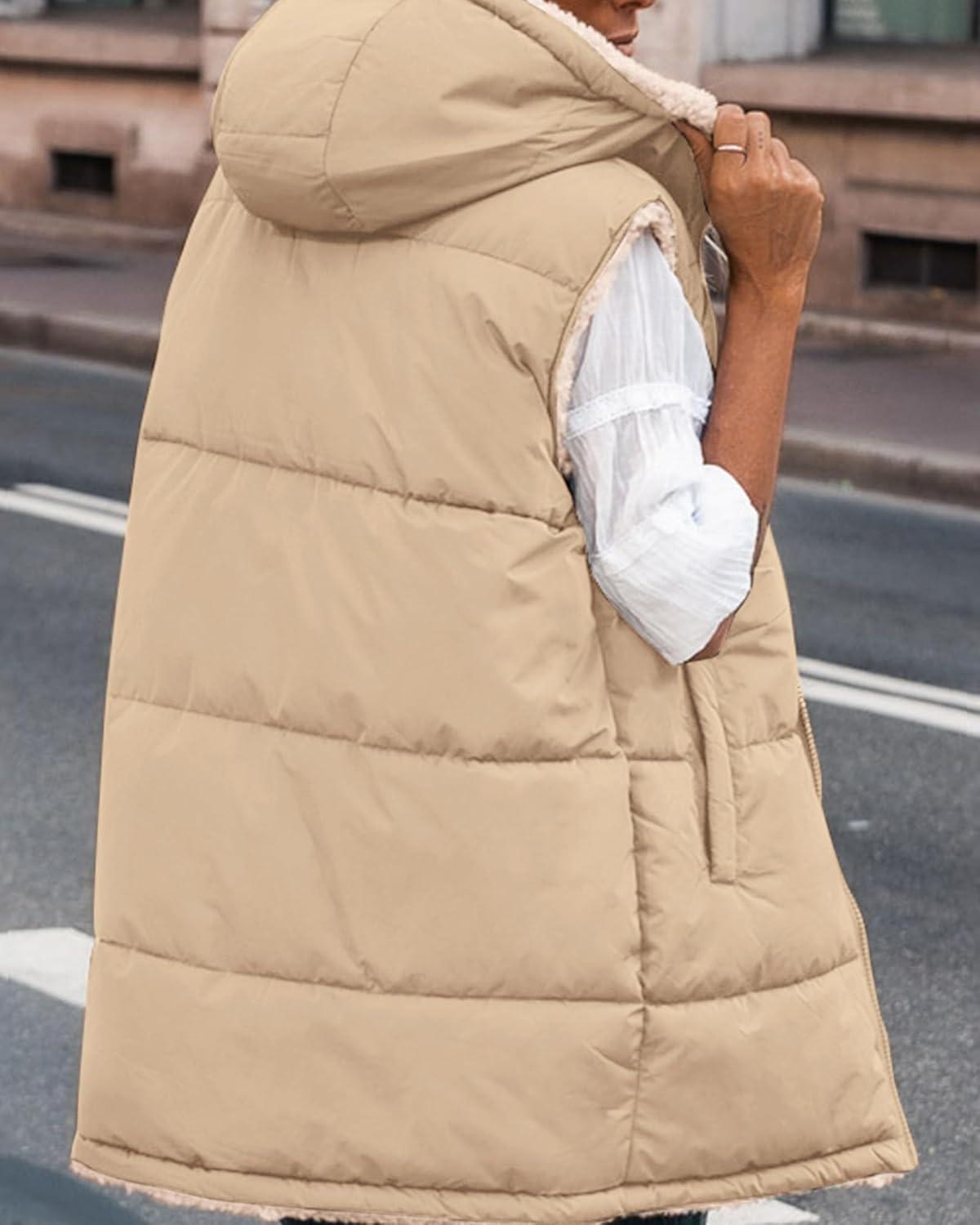 imageBTFBM Long Puffer Vest Women Fleece Sherpa Jacket Sleeveless Hooded Reversible Zip Up Winter Coat Fall Vests OuterwearLight Camel