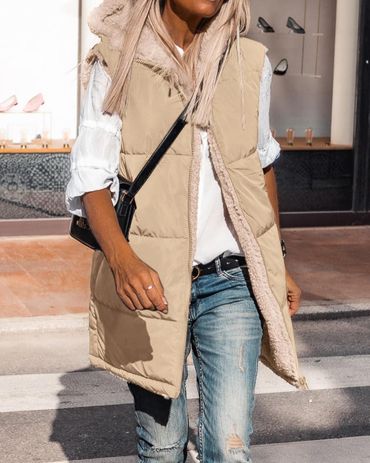 imageBTFBM Long Puffer Vest Women Fleece Sherpa Jacket Sleeveless Hooded Reversible Zip Up Winter Coat Fall Vests OuterwearLight Camel