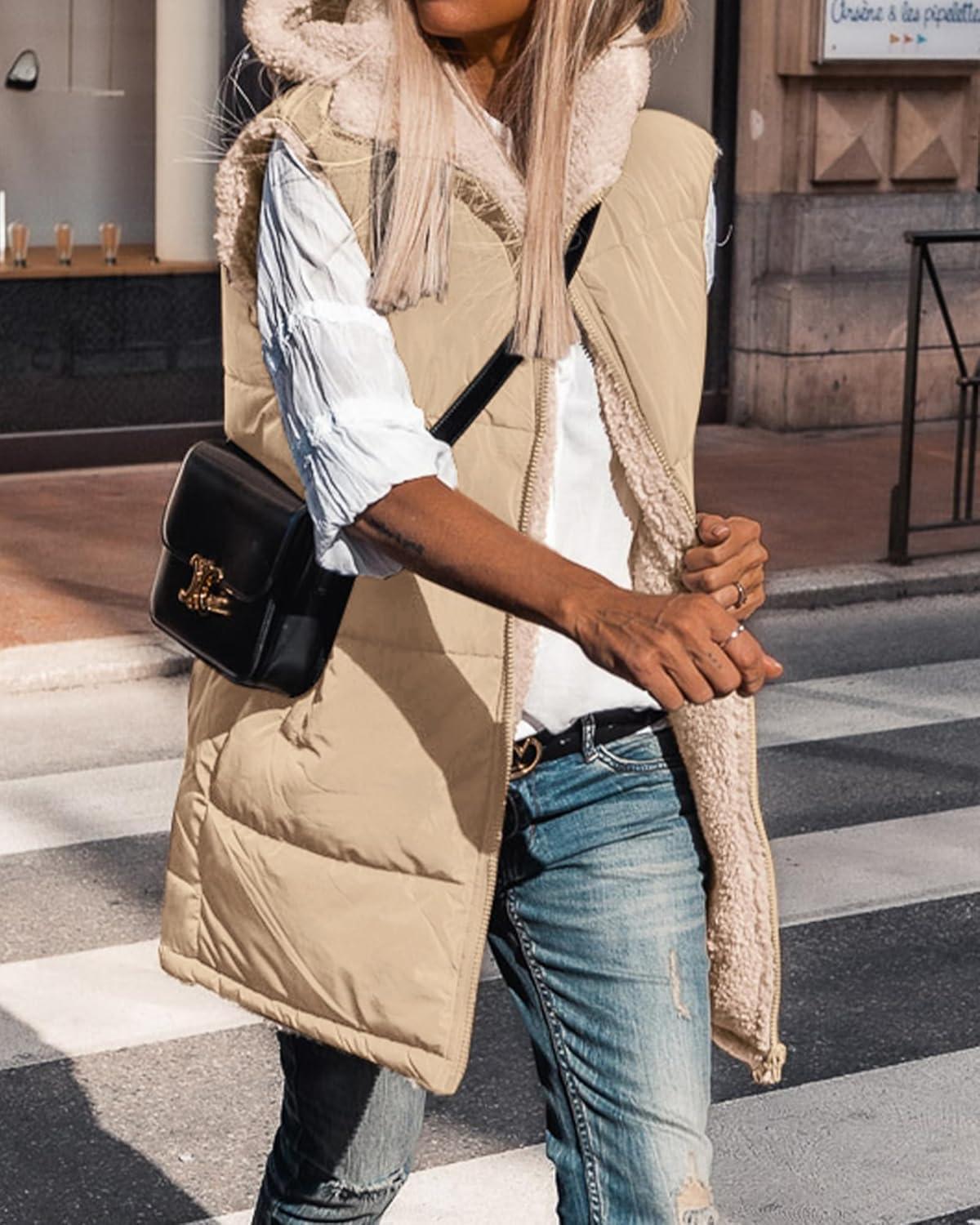imageBTFBM Long Puffer Vest Women Fleece Sherpa Jacket Sleeveless Hooded Reversible Zip Up Winter Coat Fall Vests OuterwearLight Camel