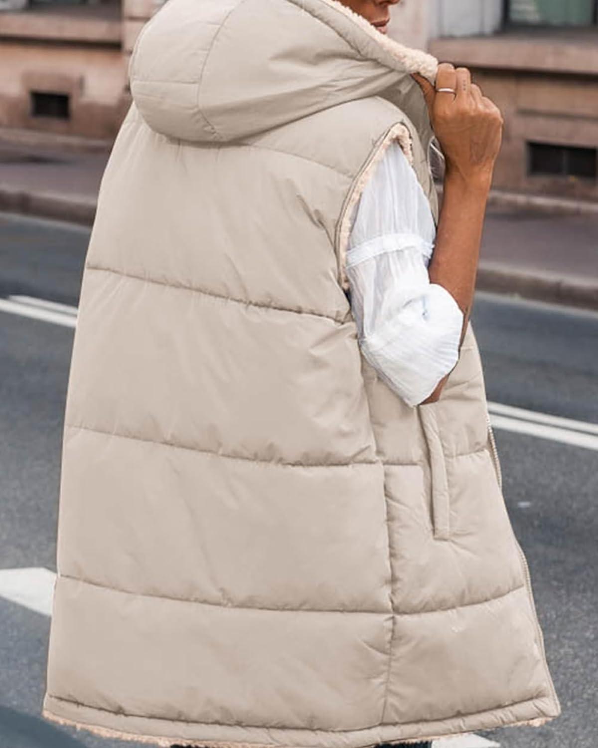 imageBTFBM Long Puffer Vest Women Fleece Sherpa Jacket Sleeveless Hooded Reversible Zip Up Winter Coat Fall Vests OuterwearLight Khaki