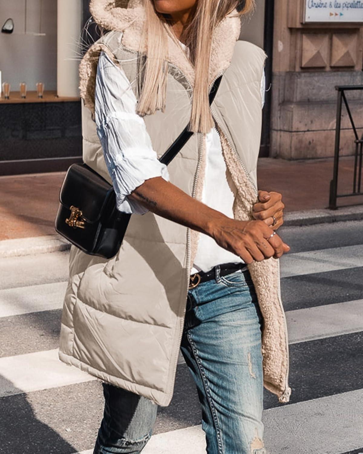 imageBTFBM Long Puffer Vest Women Fleece Sherpa Jacket Sleeveless Hooded Reversible Zip Up Winter Coat Fall Vests OuterwearLight Khaki