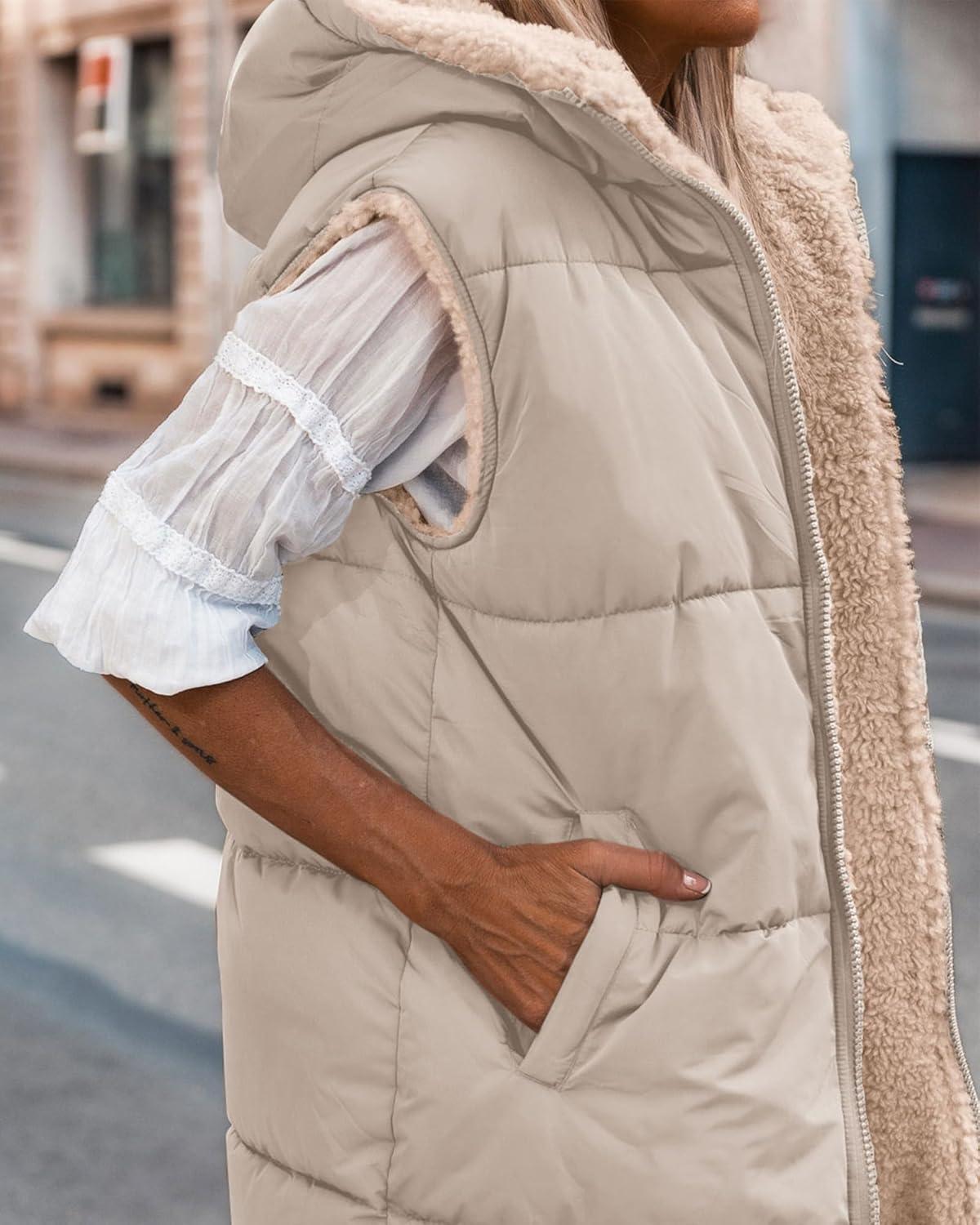 imageBTFBM Long Puffer Vest Women Fleece Sherpa Jacket Sleeveless Hooded Reversible Zip Up Winter Coat Fall Vests OuterwearLight Khaki