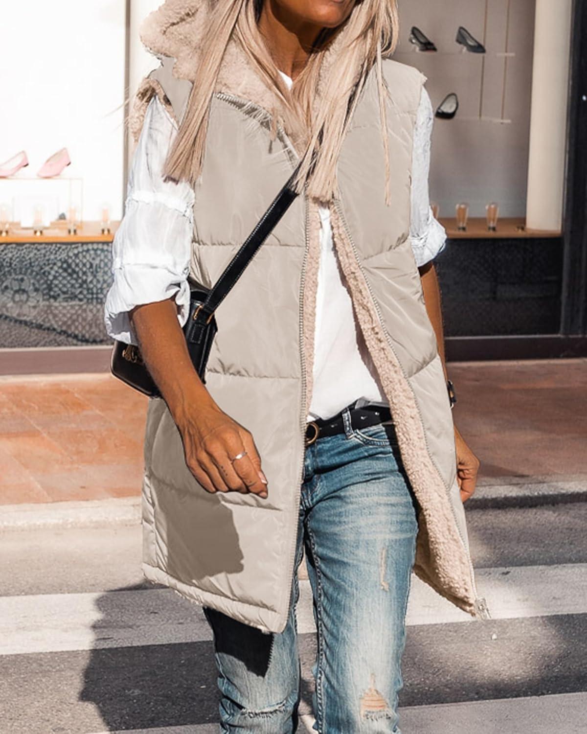 imageBTFBM Long Puffer Vest Women Fleece Sherpa Jacket Sleeveless Hooded Reversible Zip Up Winter Coat Fall Vests OuterwearLight Khaki