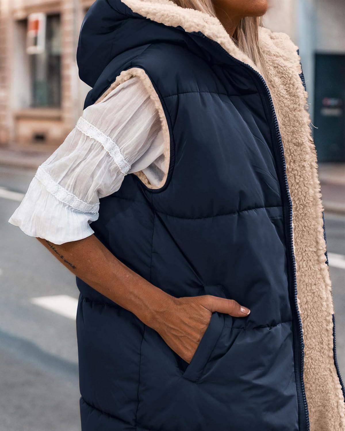 imageBTFBM Long Puffer Vest Women Fleece Sherpa Jacket Sleeveless Hooded Reversible Zip Up Winter Coat Fall Vests OuterwearNavy