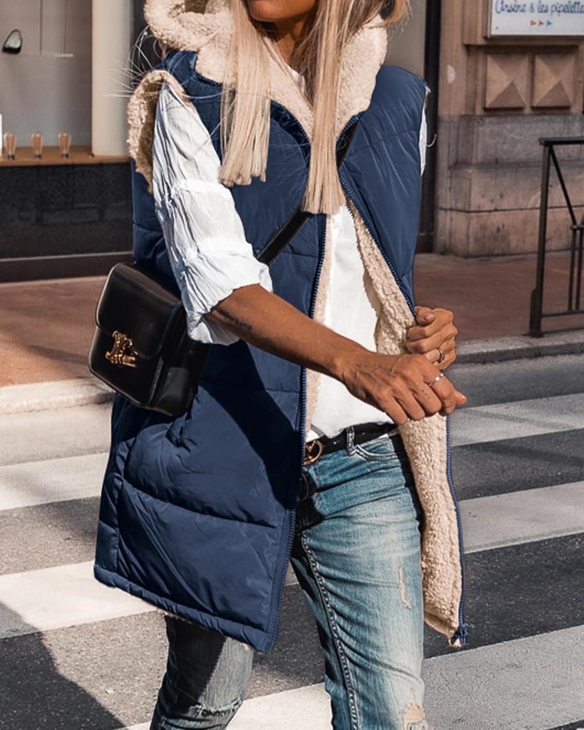 imageBTFBM Long Puffer Vest Women Fleece Sherpa Jacket Sleeveless Hooded Reversible Zip Up Winter Coat Fall Vests OuterwearNavy