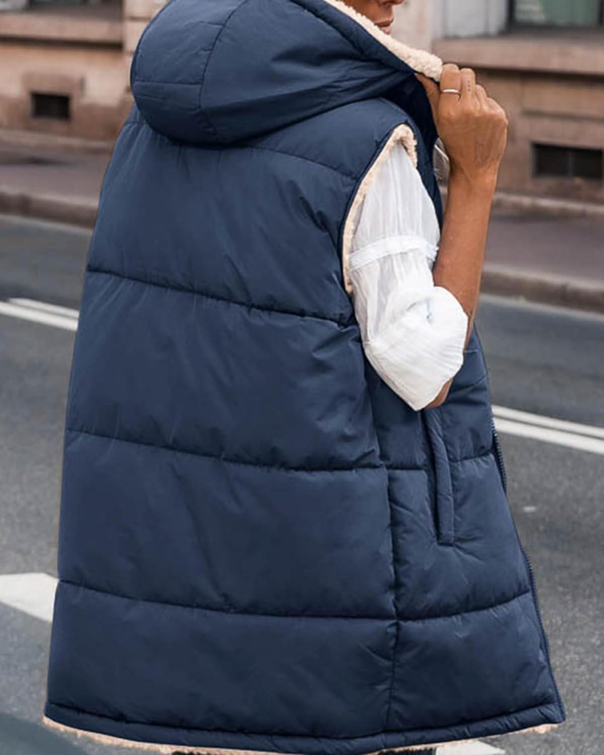 imageBTFBM Long Puffer Vest Women Fleece Sherpa Jacket Sleeveless Hooded Reversible Zip Up Winter Coat Fall Vests OuterwearNavy
