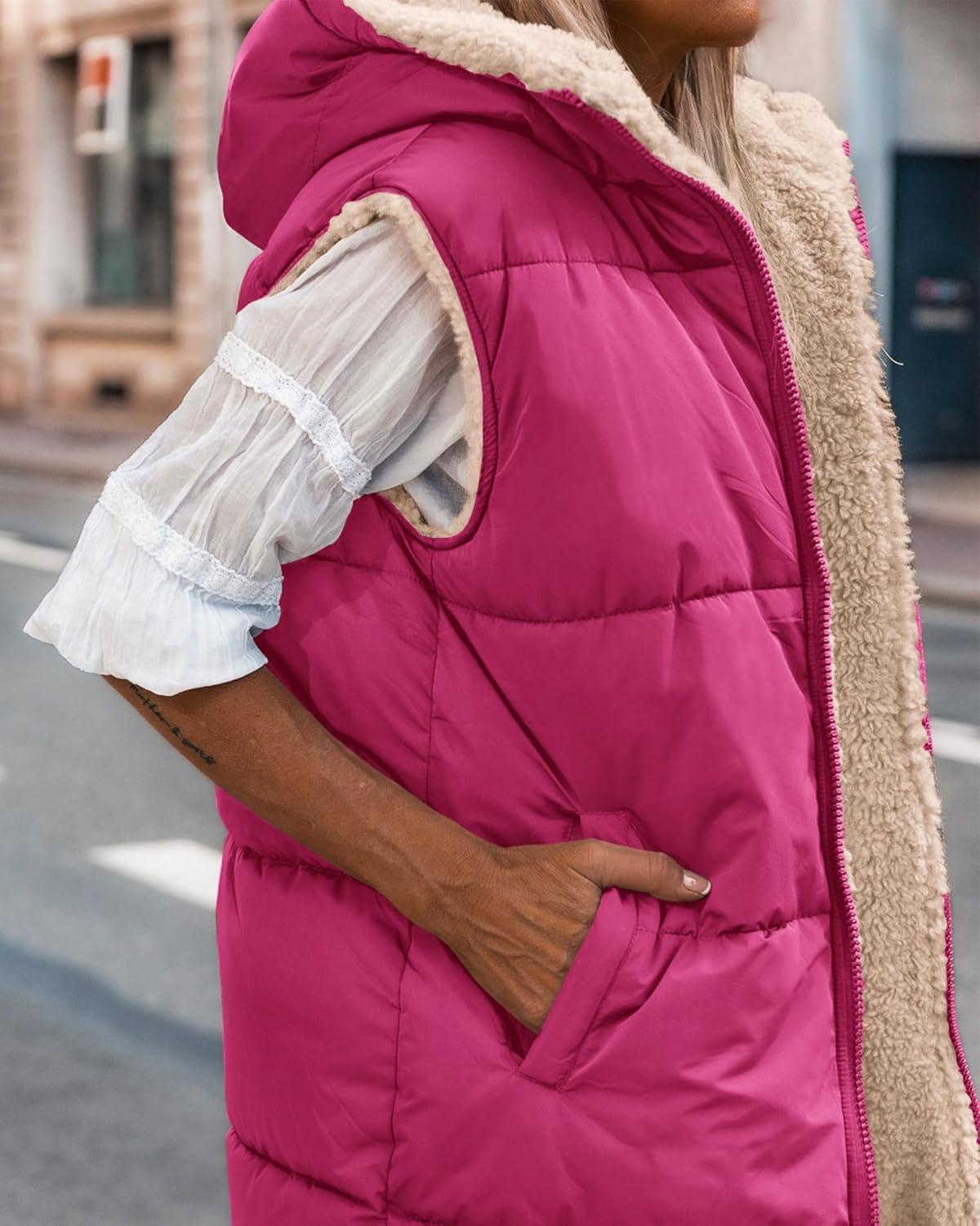 imageBTFBM Long Puffer Vest Women Fleece Sherpa Jacket Sleeveless Hooded Reversible Zip Up Winter Coat Fall Vests OuterwearRose Red