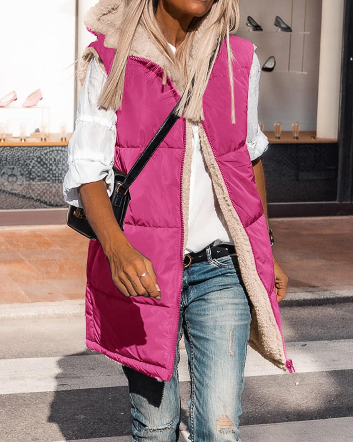 imageBTFBM Long Puffer Vest Women Fleece Sherpa Jacket Sleeveless Hooded Reversible Zip Up Winter Coat Fall Vests OuterwearRose Red