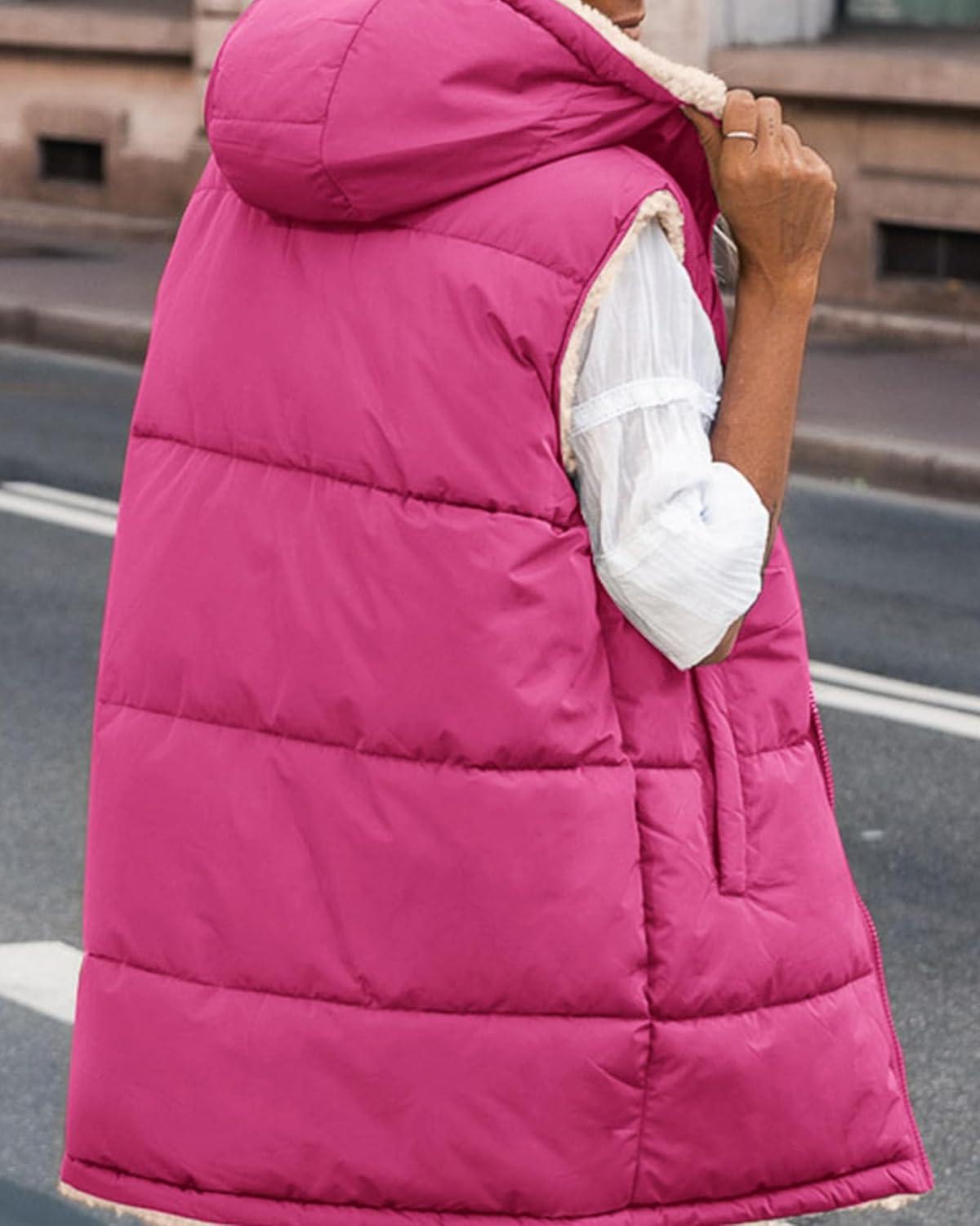 imageBTFBM Long Puffer Vest Women Fleece Sherpa Jacket Sleeveless Hooded Reversible Zip Up Winter Coat Fall Vests OuterwearRose Red
