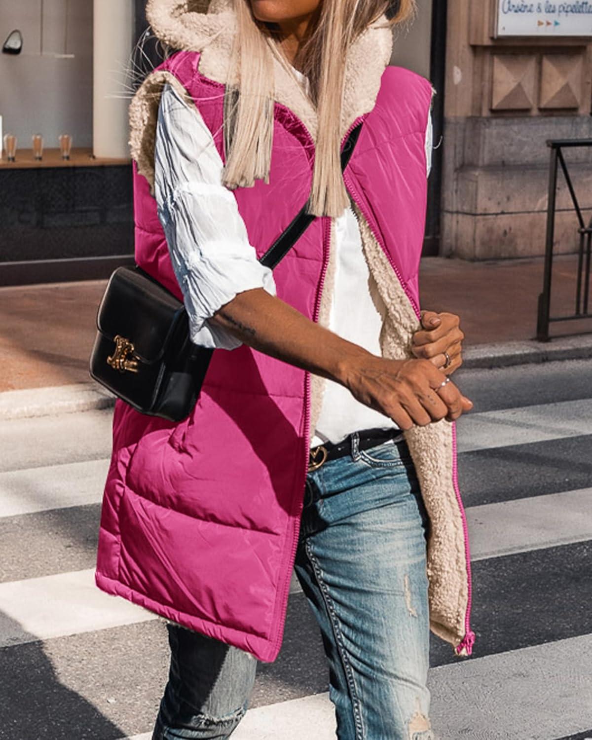 imageBTFBM Long Puffer Vest Women Fleece Sherpa Jacket Sleeveless Hooded Reversible Zip Up Winter Coat Fall Vests OuterwearRose Red
