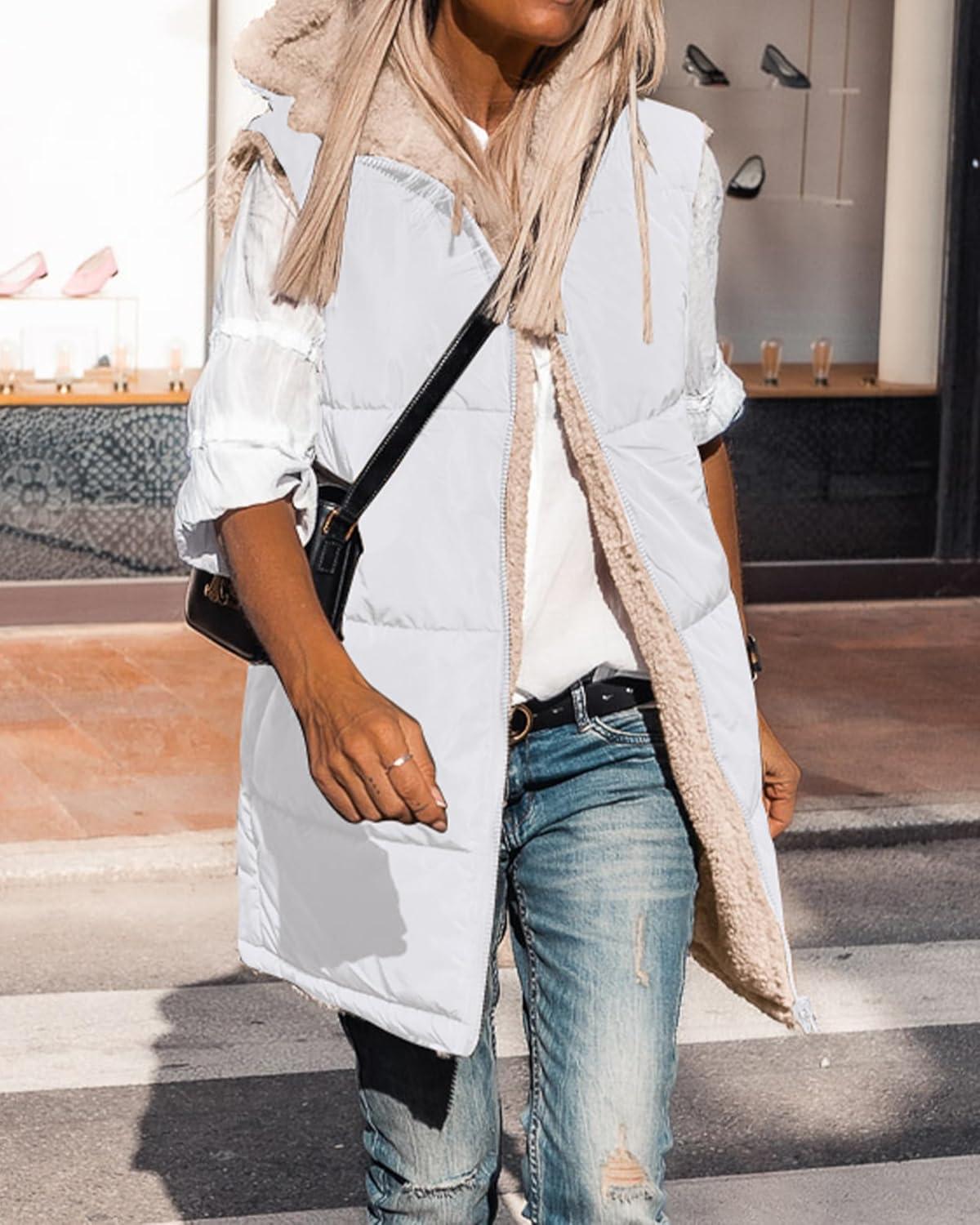 imageBTFBM Long Puffer Vest Women Fleece Sherpa Jacket Sleeveless Hooded Reversible Zip Up Winter Coat Fall Vests OuterwearWhite