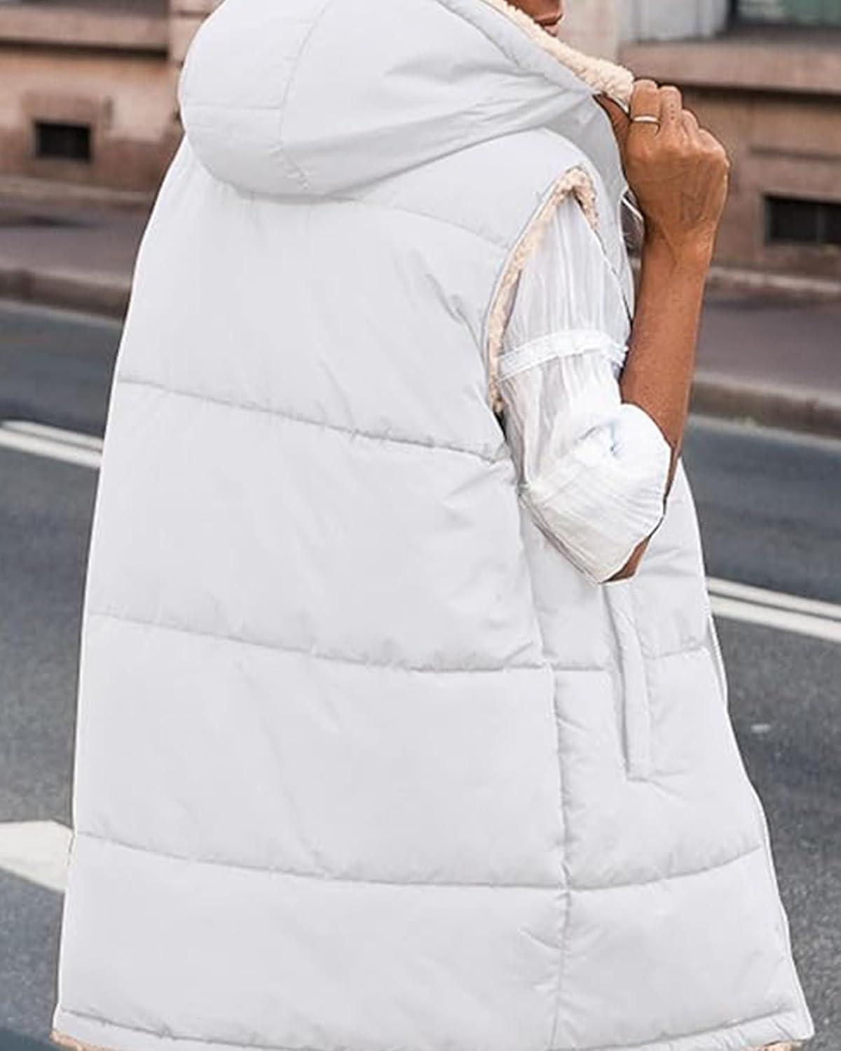 imageBTFBM Long Puffer Vest Women Fleece Sherpa Jacket Sleeveless Hooded Reversible Zip Up Winter Coat Fall Vests OuterwearWhite
