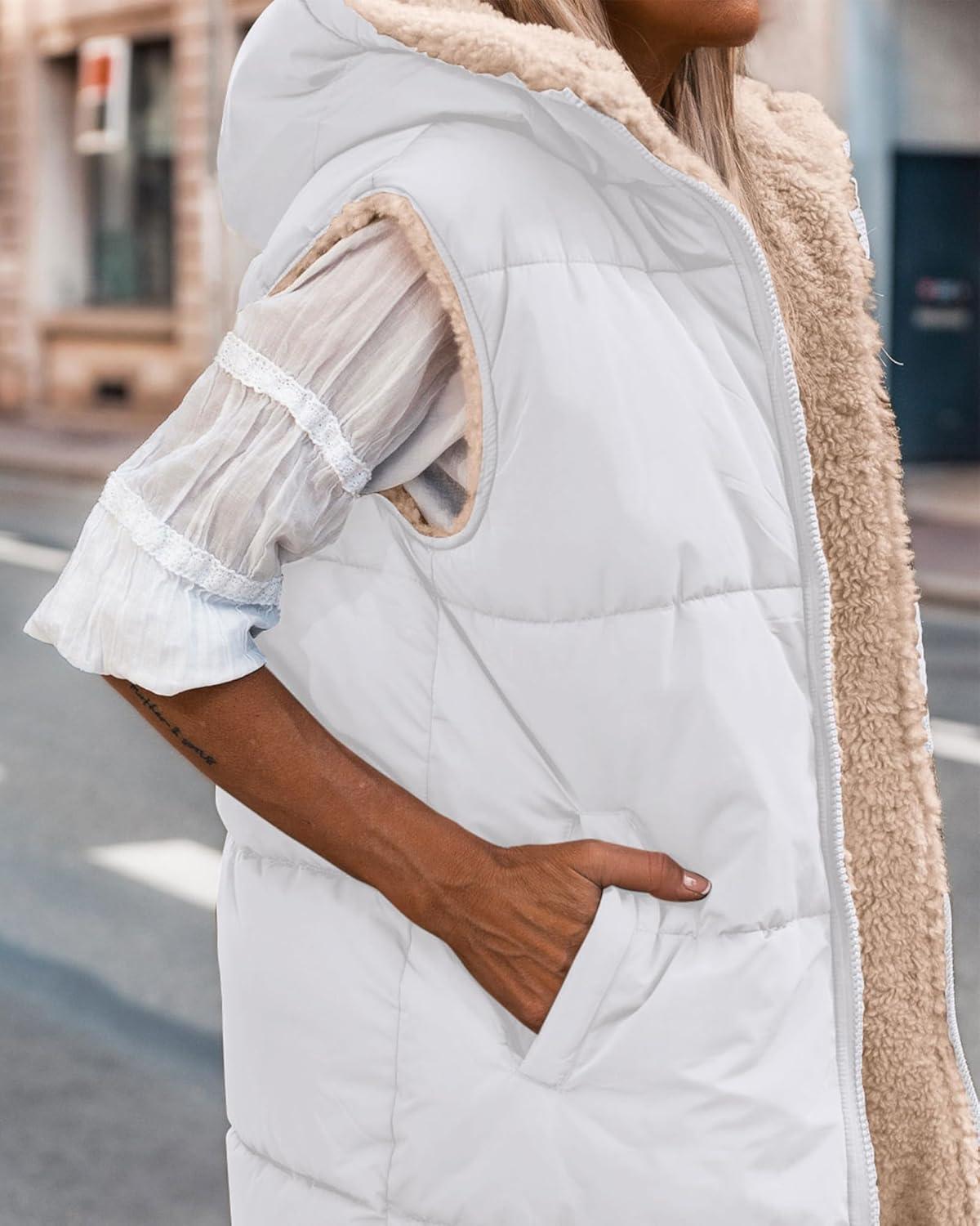 imageBTFBM Long Puffer Vest Women Fleece Sherpa Jacket Sleeveless Hooded Reversible Zip Up Winter Coat Fall Vests OuterwearWhite