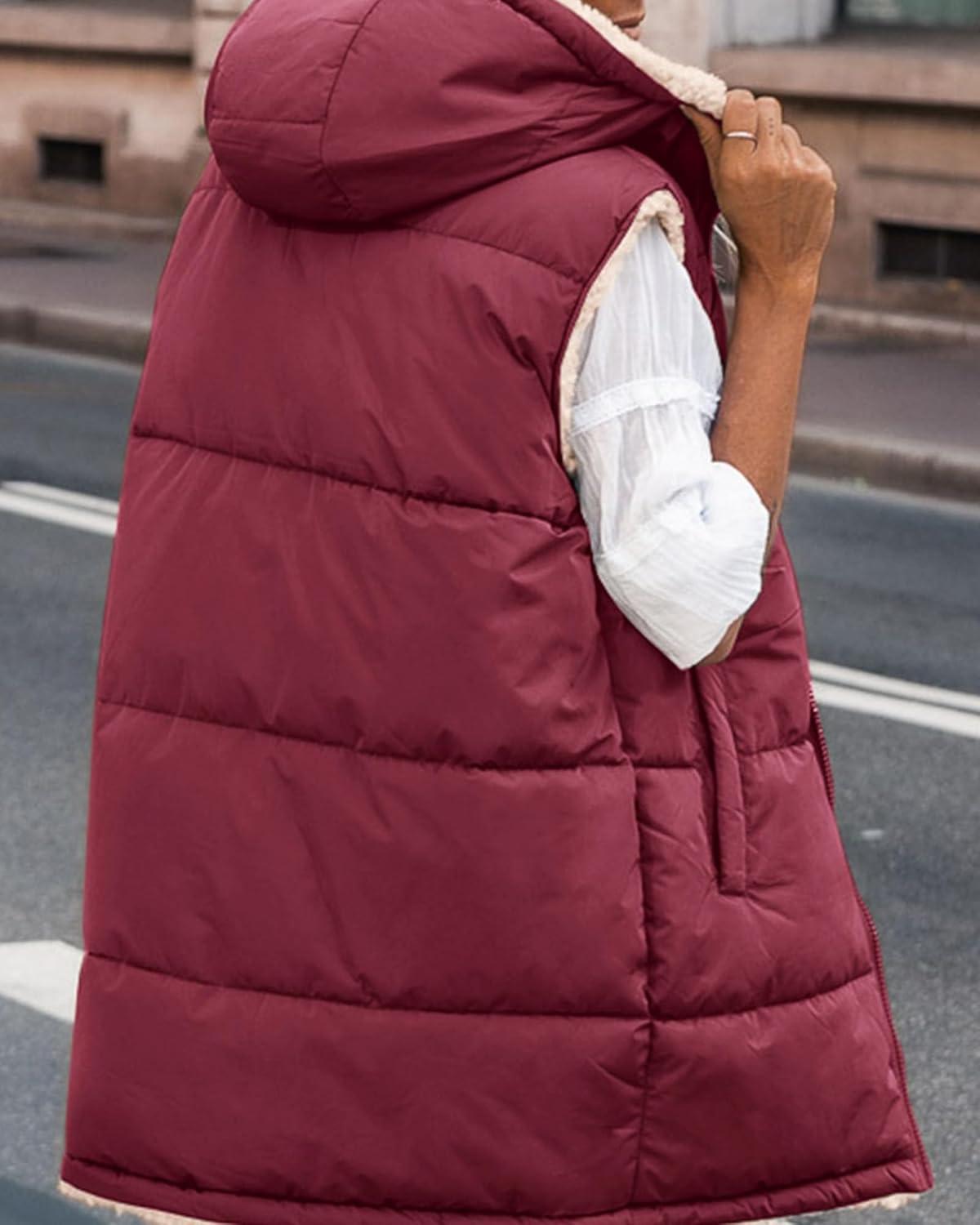 imageBTFBM Long Puffer Vest Women Fleece Sherpa Jacket Sleeveless Hooded Reversible Zip Up Winter Coat Fall Vests OuterwearWine Red