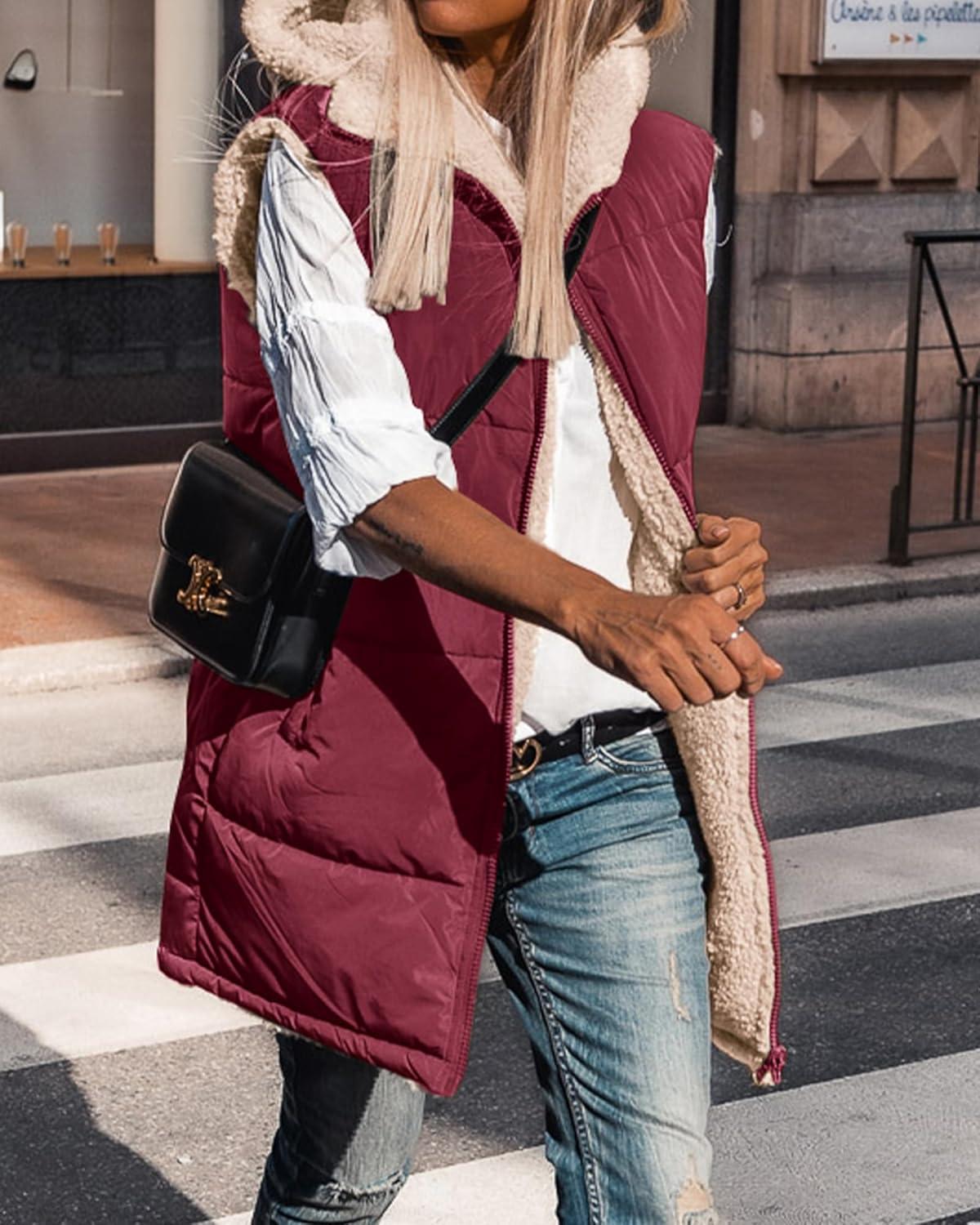 imageBTFBM Long Puffer Vest Women Fleece Sherpa Jacket Sleeveless Hooded Reversible Zip Up Winter Coat Fall Vests OuterwearWine Red
