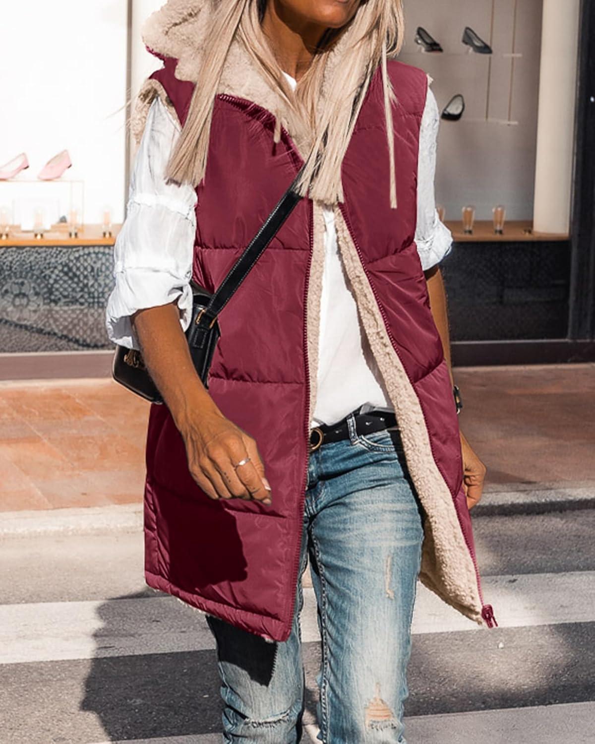 imageBTFBM Long Puffer Vest Women Fleece Sherpa Jacket Sleeveless Hooded Reversible Zip Up Winter Coat Fall Vests OuterwearWine Red