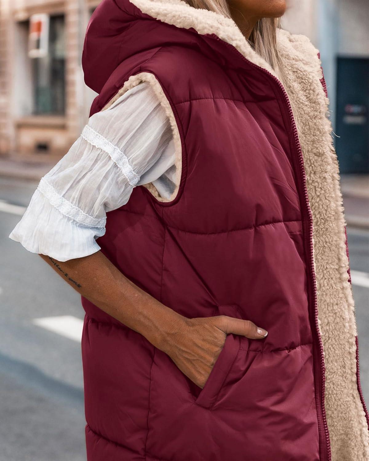 imageBTFBM Long Puffer Vest Women Fleece Sherpa Jacket Sleeveless Hooded Reversible Zip Up Winter Coat Fall Vests OuterwearWine Red