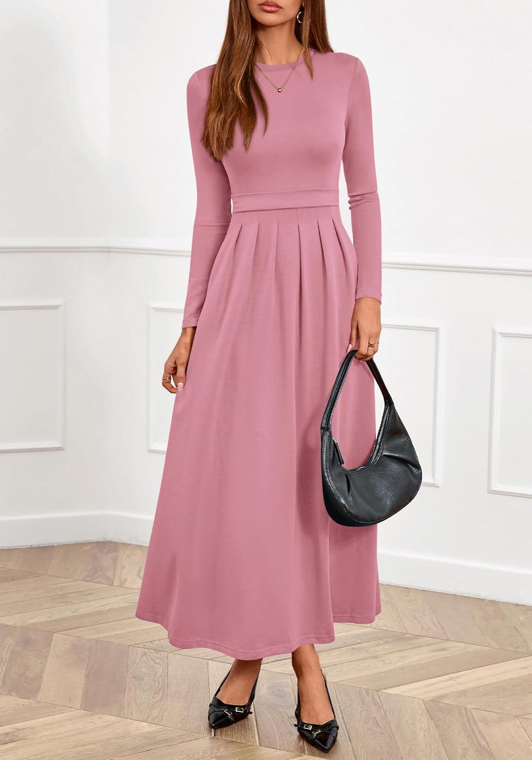 imageBTFBM Long Sleeve Dress for Women 2025 Winter Business Casual Clothes Pleated Fall Wedding Guest Dresses PocketsPink