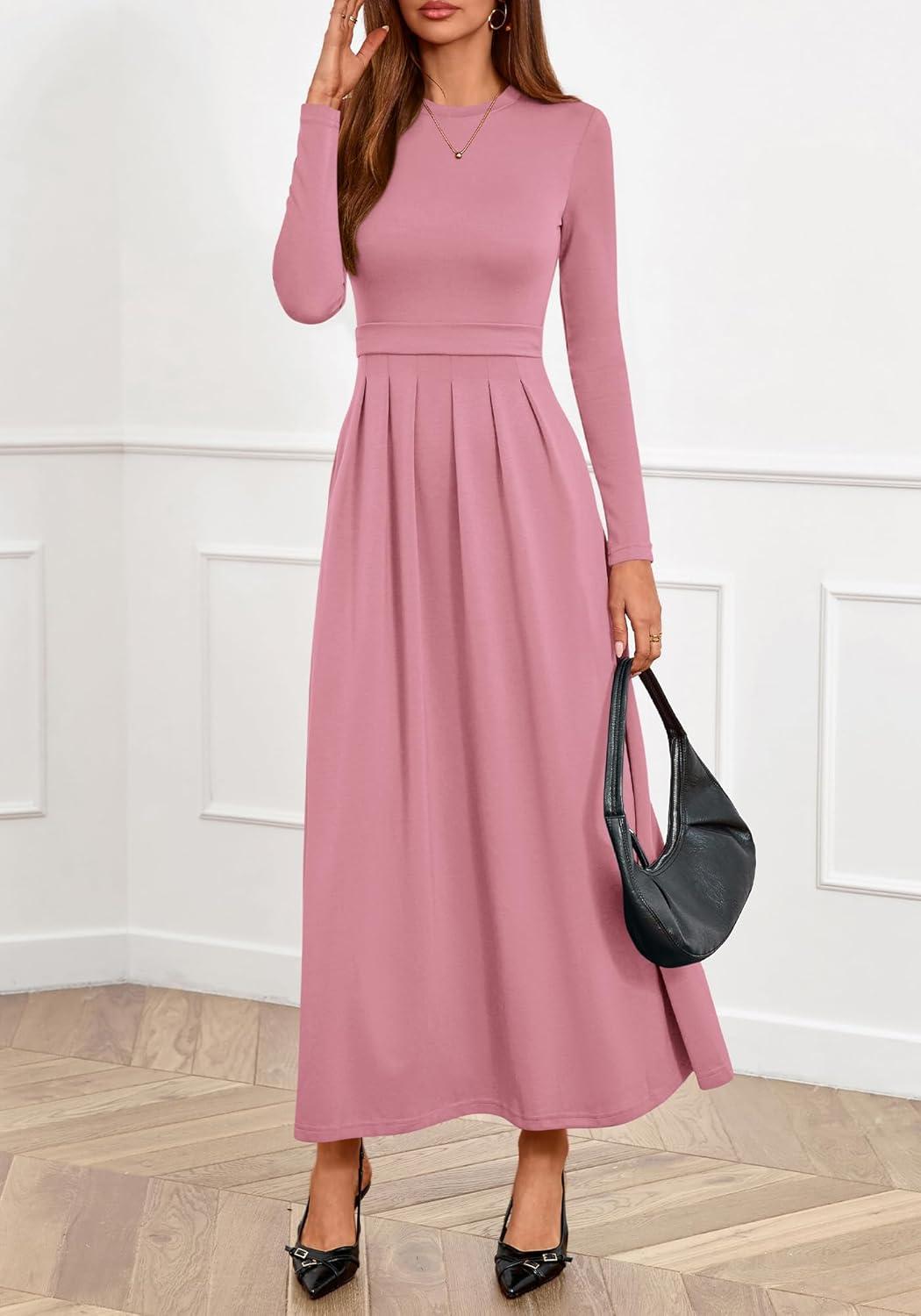 imageBTFBM Long Sleeve Dress for Women 2025 Winter Business Casual Clothes Pleated Fall Wedding Guest Dresses PocketsPink