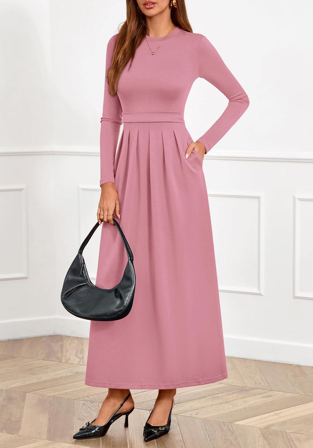 imageBTFBM Long Sleeve Dress for Women 2025 Winter Business Casual Clothes Pleated Fall Wedding Guest Dresses PocketsPink