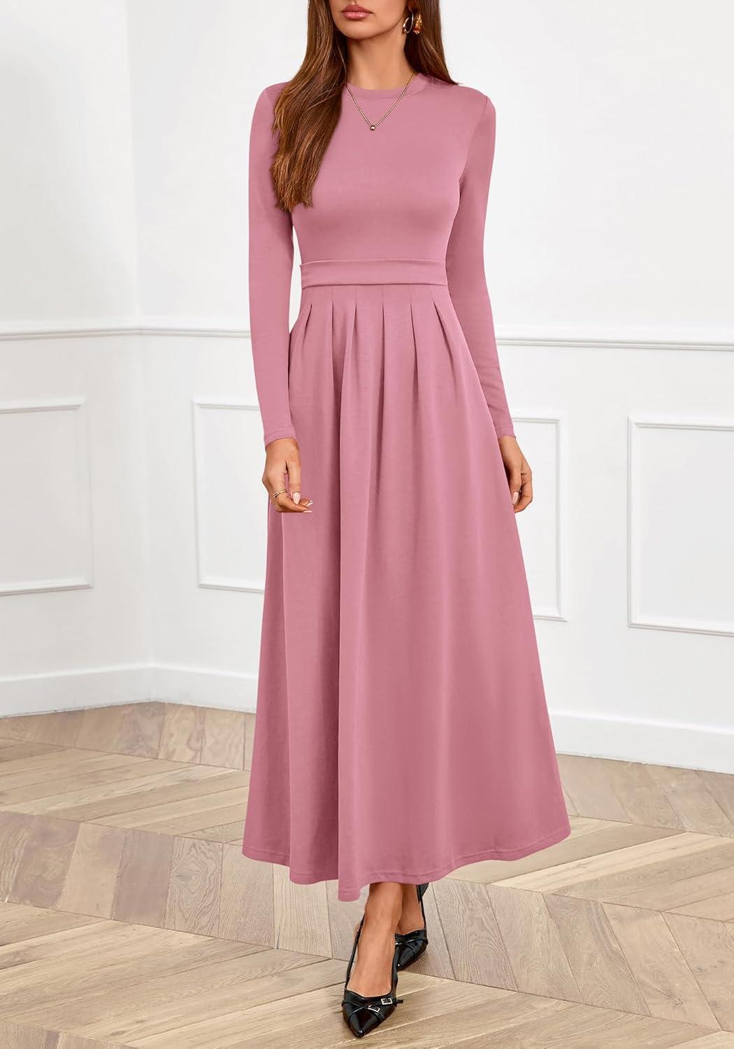 imageBTFBM Long Sleeve Dress for Women 2025 Winter Business Casual Clothes Pleated Fall Wedding Guest Dresses PocketsPink