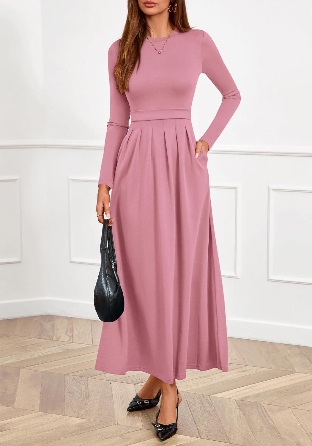 imageBTFBM Long Sleeve Dress for Women 2025 Winter Business Casual Clothes Pleated Fall Wedding Guest Dresses PocketsPink