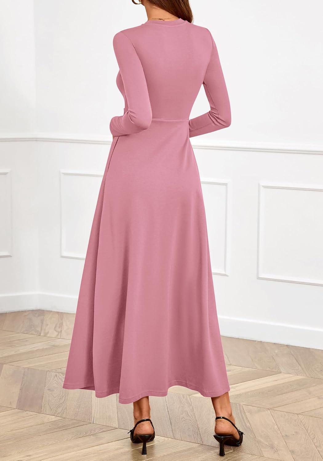 imageBTFBM Long Sleeve Dress for Women 2025 Winter Business Casual Clothes Pleated Fall Wedding Guest Dresses PocketsPink