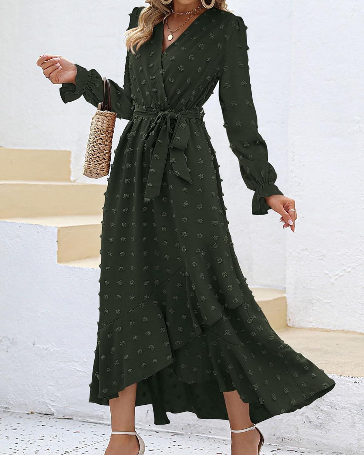 imageBTFBM Long Sleeve Maxi Dresses for Women V Neck Swiss Dot Boho Flowy Slit Cocktail Wedding Guest Dress Fall Clothes 2025Army Green