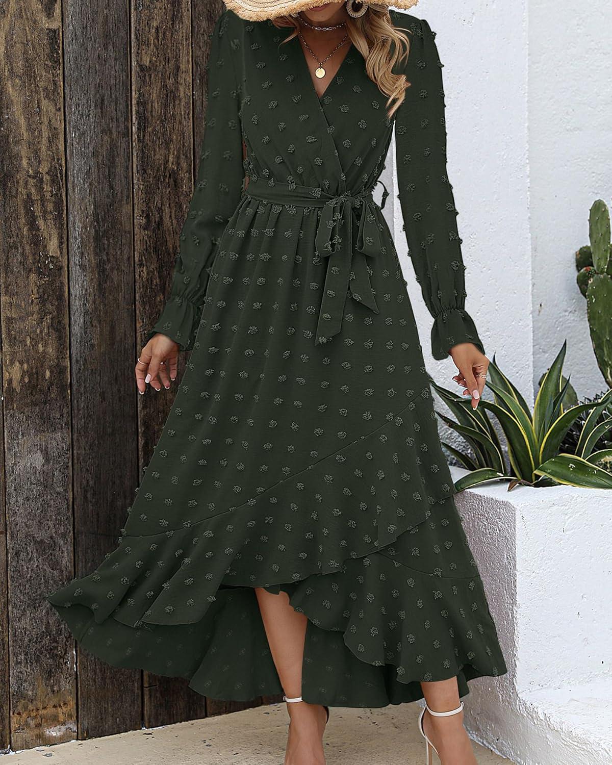 imageBTFBM Long Sleeve Maxi Dresses for Women V Neck Swiss Dot Boho Flowy Slit Cocktail Wedding Guest Dress Fall Clothes 2025Army Green