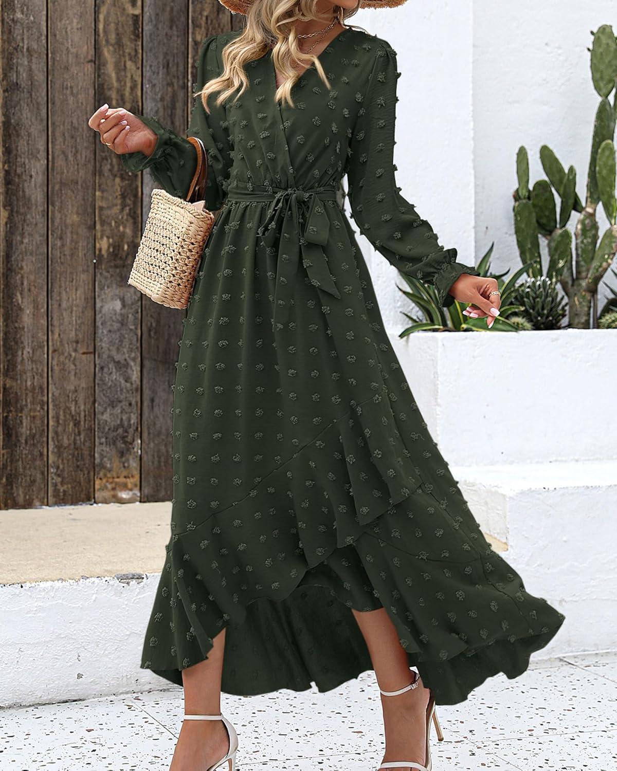 imageBTFBM Long Sleeve Maxi Dresses for Women V Neck Swiss Dot Boho Flowy Slit Cocktail Wedding Guest Dress Fall Clothes 2025Army Green