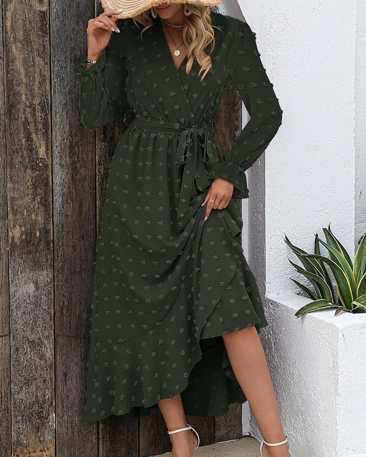 imageBTFBM Long Sleeve Maxi Dresses for Women V Neck Swiss Dot Boho Flowy Slit Cocktail Wedding Guest Dress Fall Clothes 2025Army Green