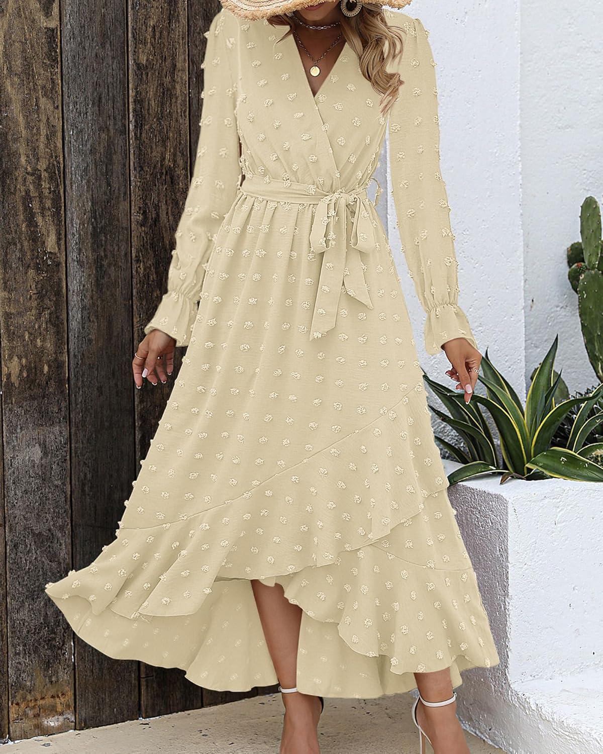 imageBTFBM Long Sleeve Maxi Dresses for Women V Neck Swiss Dot Boho Flowy Slit Cocktail Wedding Guest Dress Fall Clothes 2025Beige