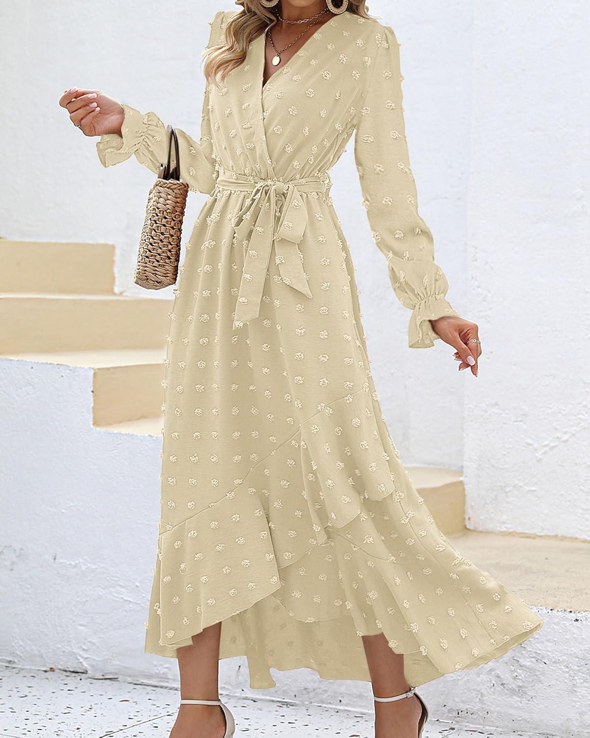 imageBTFBM Long Sleeve Maxi Dresses for Women V Neck Swiss Dot Boho Flowy Slit Cocktail Wedding Guest Dress Fall Clothes 2025Beige