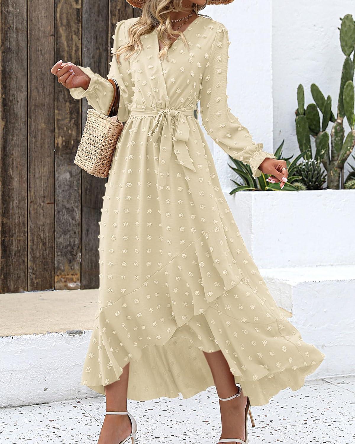 imageBTFBM Long Sleeve Maxi Dresses for Women V Neck Swiss Dot Boho Flowy Slit Cocktail Wedding Guest Dress Fall Clothes 2025Beige