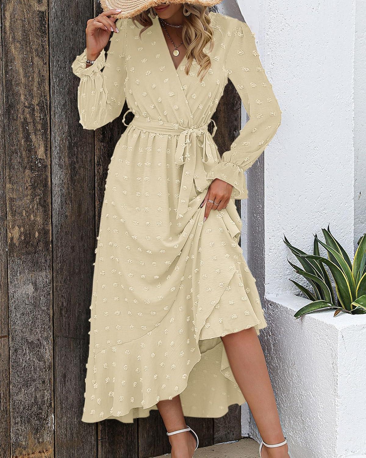 imageBTFBM Long Sleeve Maxi Dresses for Women V Neck Swiss Dot Boho Flowy Slit Cocktail Wedding Guest Dress Fall Clothes 2025Beige