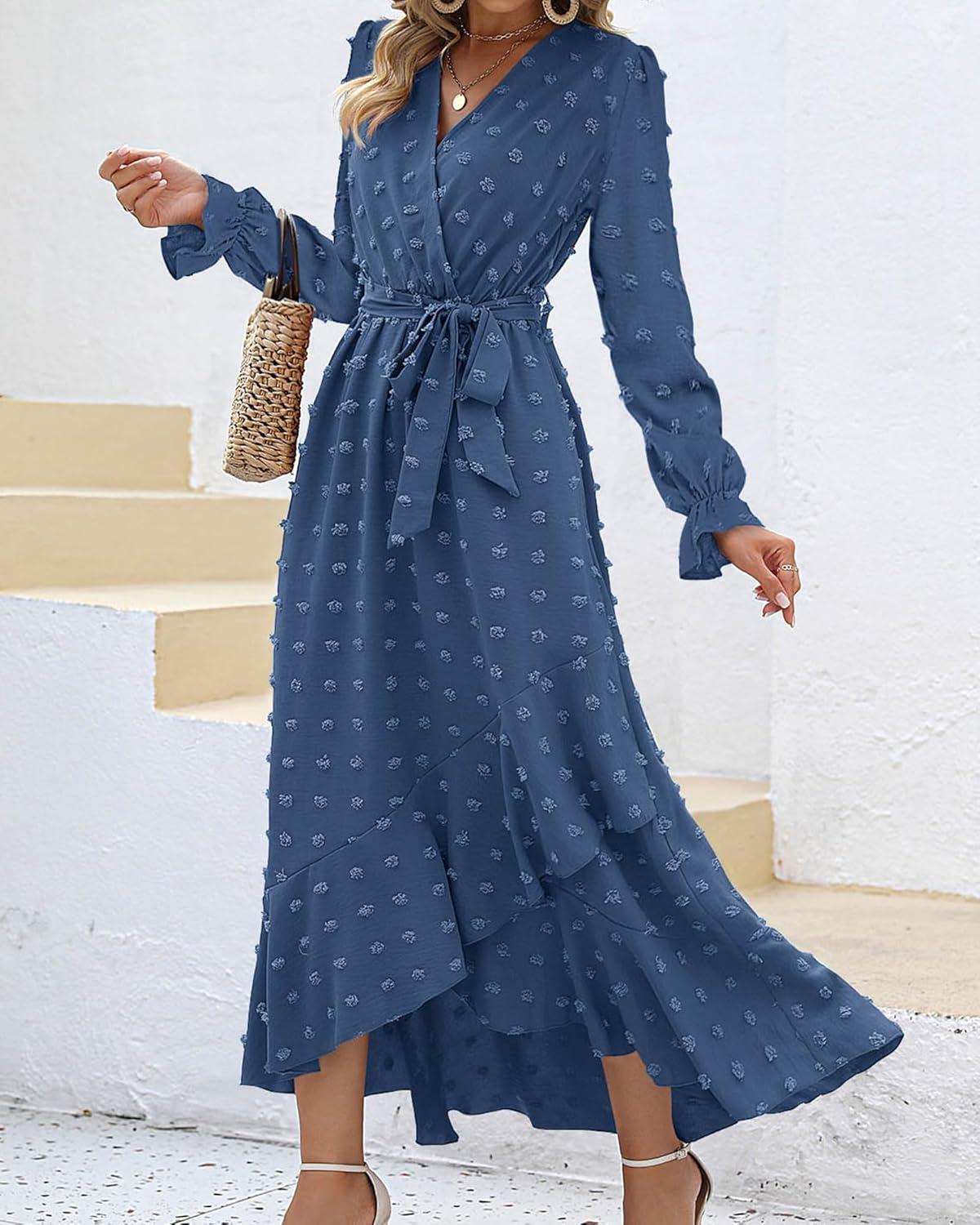 imageBTFBM Long Sleeve Maxi Dresses for Women V Neck Swiss Dot Boho Flowy Slit Cocktail Wedding Guest Dress Fall Clothes 2025Blue