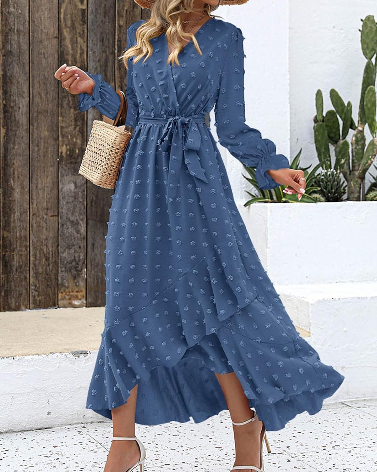 imageBTFBM Long Sleeve Maxi Dresses for Women V Neck Swiss Dot Boho Flowy Slit Cocktail Wedding Guest Dress Fall Clothes 2025Blue
