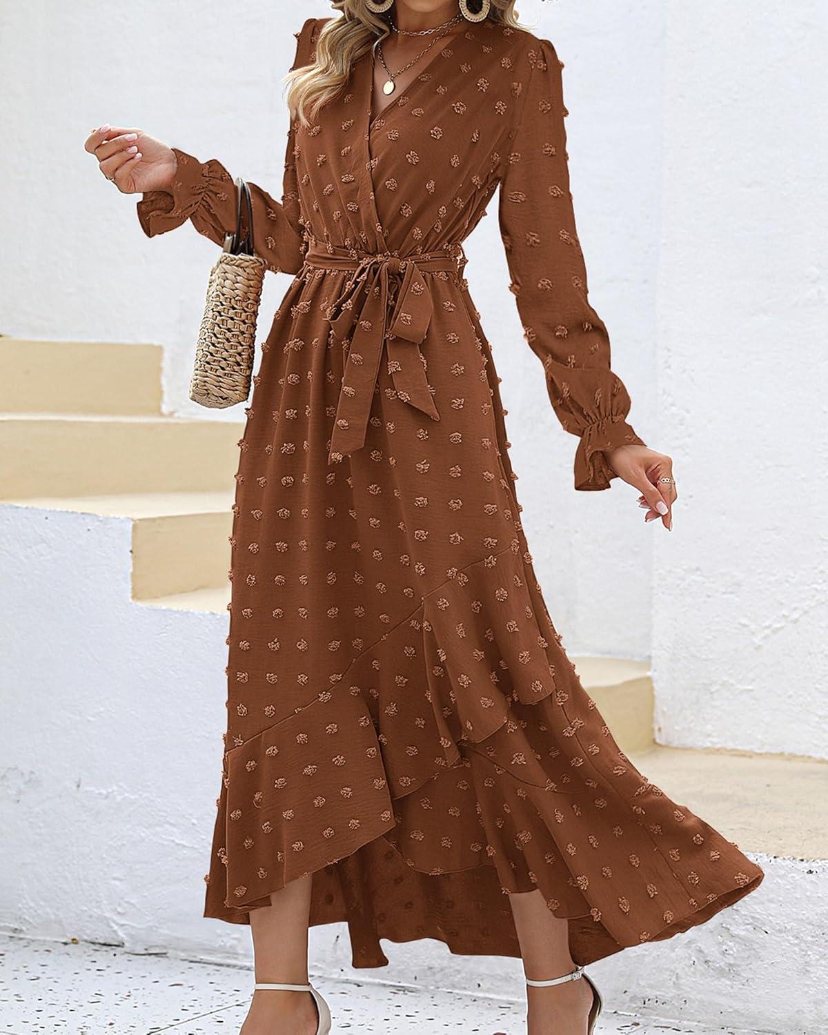 imageBTFBM Long Sleeve Maxi Dresses for Women V Neck Swiss Dot Boho Flowy Slit Cocktail Wedding Guest Dress Fall Clothes 2025Brown
